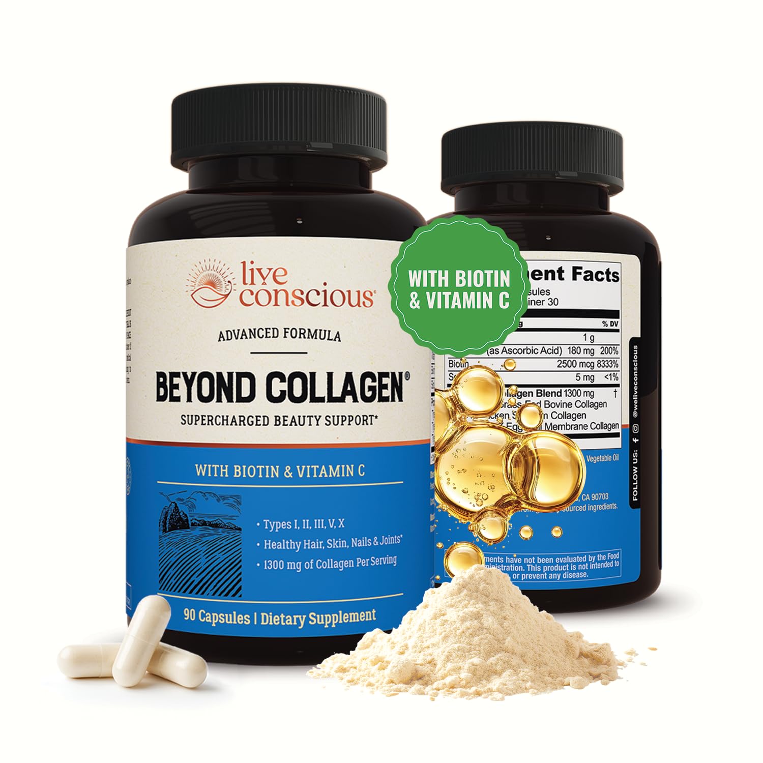 Live Conscious Beyond Collagen Multi Collagen Capsules - Types I, II, III, V & X - Hydrolyzed Blend with Biotin & Vitamin C for Hair, Skin, Nails 90 Capsules Live Conscious buy supplements canada