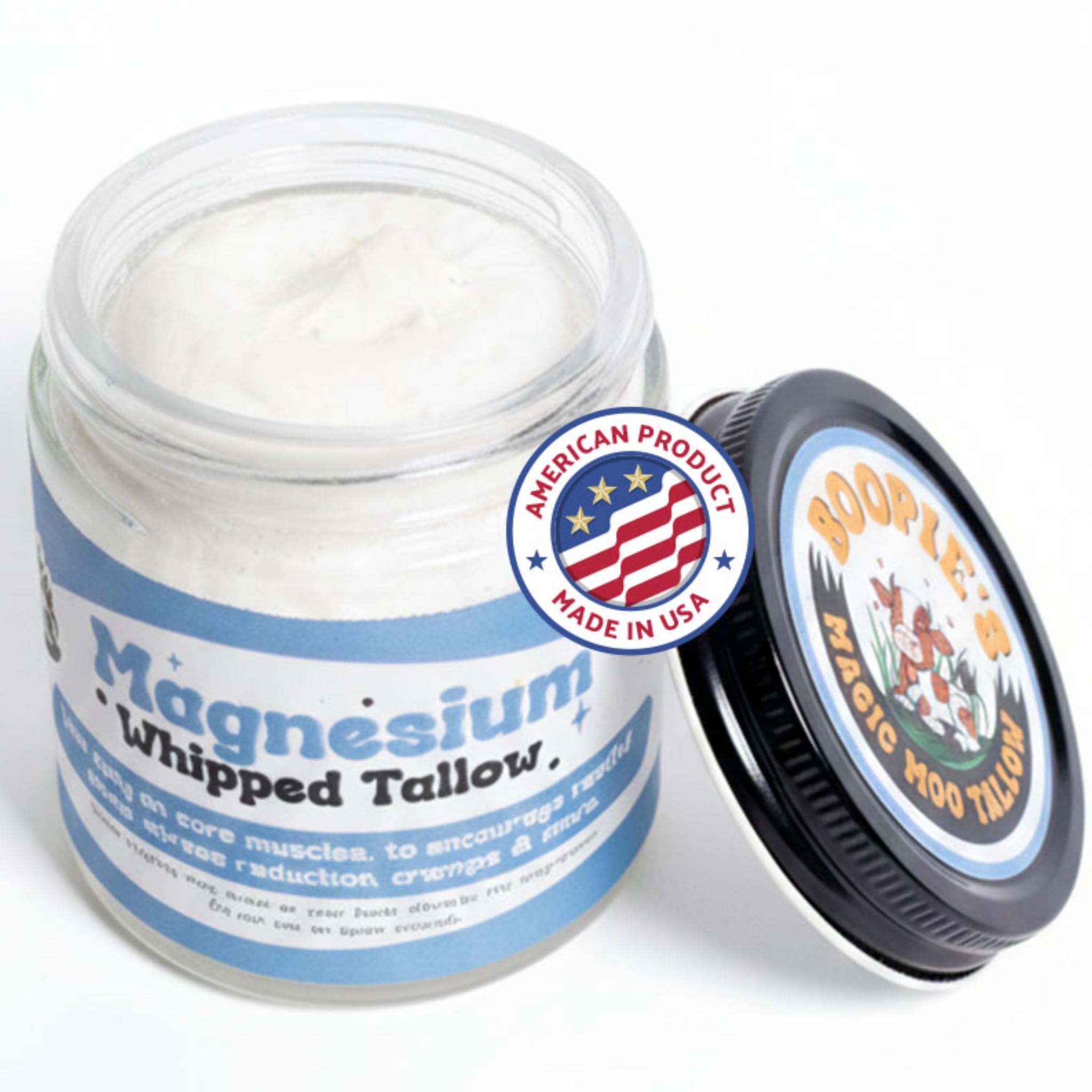 Magic Moo Magnesium Whipped Tallow Skincare for sore muscles, sleep, muscle and period cramps, stress, relaxation & more. Topical magnesium that works. Boopie's Magic Moo Tallow buy supplements canada