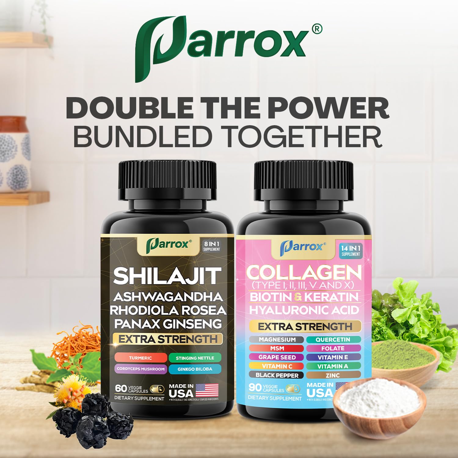 Parrox Adaptogen & Beauty Bundle – Rhodiola, Panax Ginseng, Ashwagandha, Cordyceps, Turmeric, Collagen, Biotin, Keratin, MSM, Hyaluronic Acid, Zinc, Quercetin, Vitamin C, A & E, Folate, Magnesium Parrox buy supplements canada