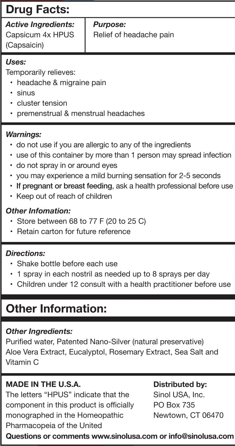 Sinol Headache Relief Spray, Over-The-Counter Medication Nose Spray for Migraine Cluster Tension, Sinus Relief & Nasal Decongestants, 15 ml Sinol buy supplements canada