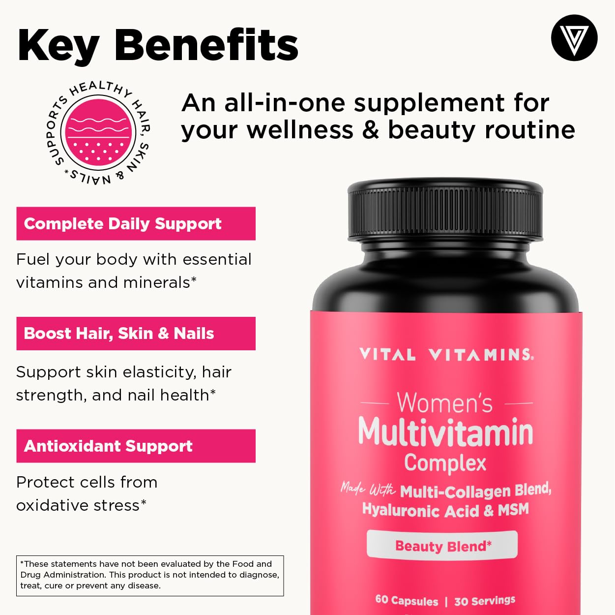 Vital Vitamins Women's Multivitamin Complex - Made with Multi-Collagen Blend, Hyaluronic Acid, & MSM - Beauty Multivitamins - with Vitamin A, C, E, B6, B12, D3-60 Capsules Vital Vitamins buy supplements canada