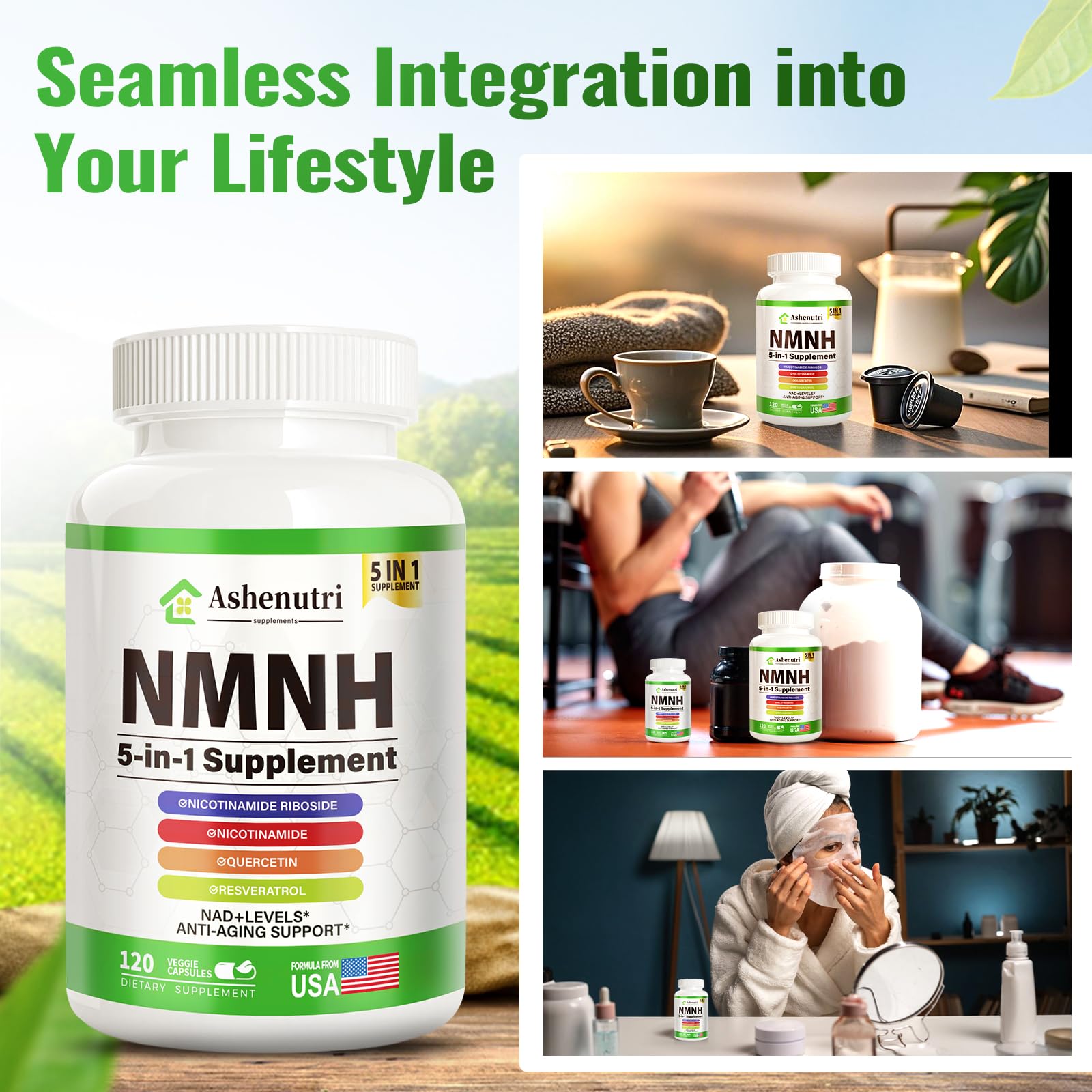 NMNH (Dihydronicotinamide Mononucleotide), NMN Alternative Supplement w/Niacinamide (Vitamin B3), Quercetin, Trans-Resveratrol, Support NAD+, Skin Cell Health*, Anti-Aging & Energy, 120 Caps Ashenutri buy supplements canada