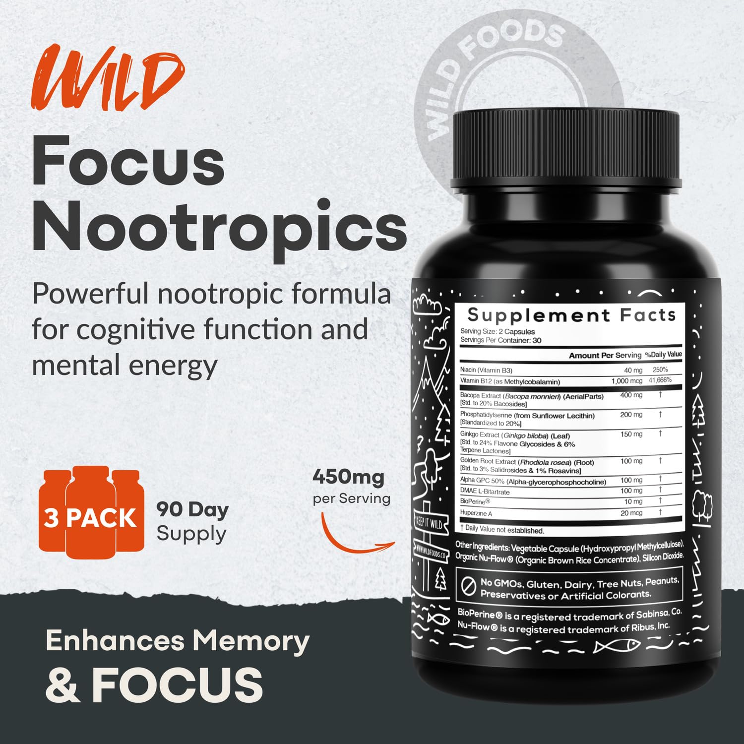 Wild Focus Brain Supplements | Caffeine-Free, Plant-Based Botanicals | Lions Mane, Ginkgo Biloba, Bacopa Monnieri, Lemon Balm | 100% Natural Nootropic | 60 caps Wild Foods buy supplements canada