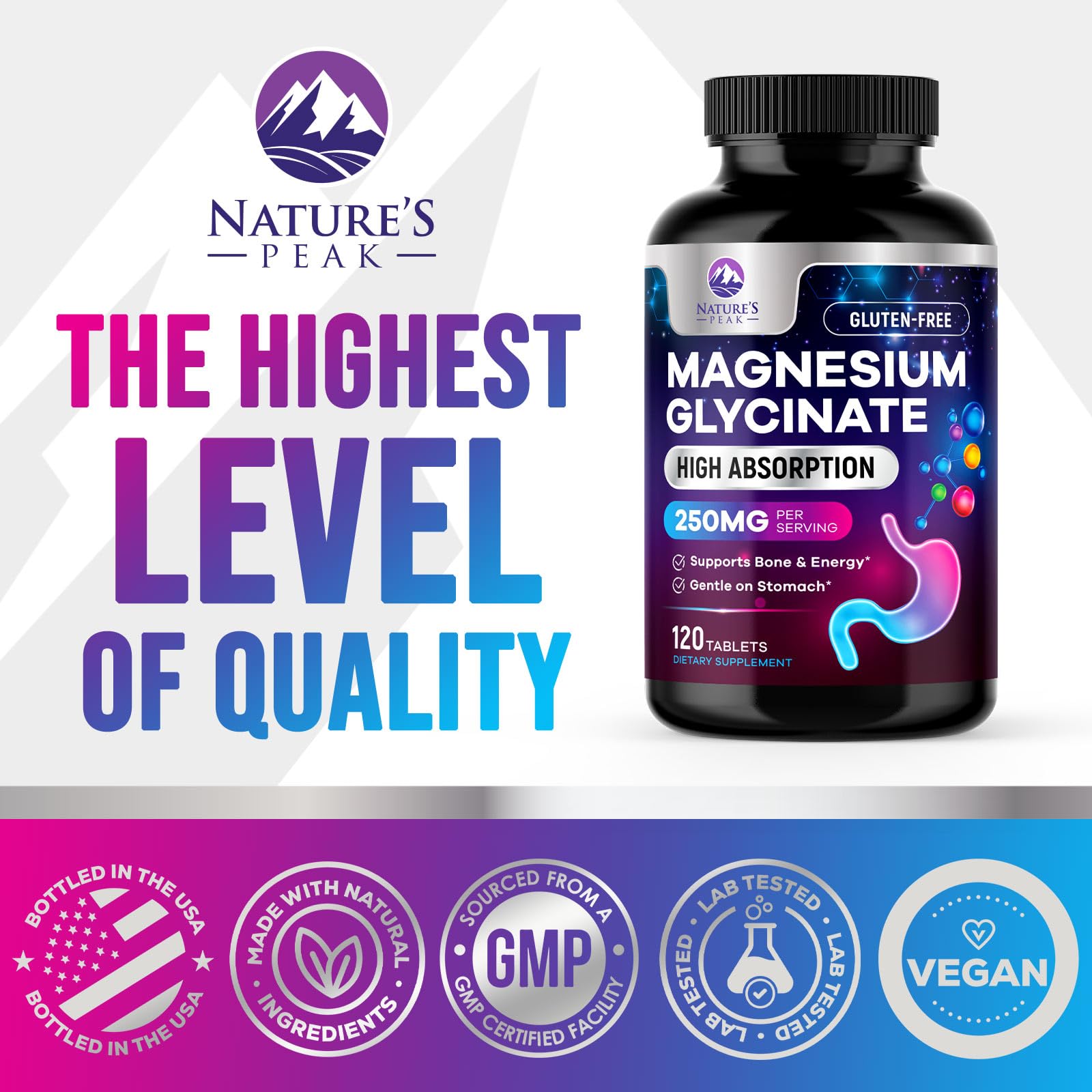 Magnesium Glycinate Supplement 250mg - 100% Chelated & Purified - to Support Sleep, Heart Health, Muscles, & Bone Strength - Best Absorption Magnesium Glycinate Capsules, Bottled in USA - 120 Tablets Nature's Peak buy supplements canada