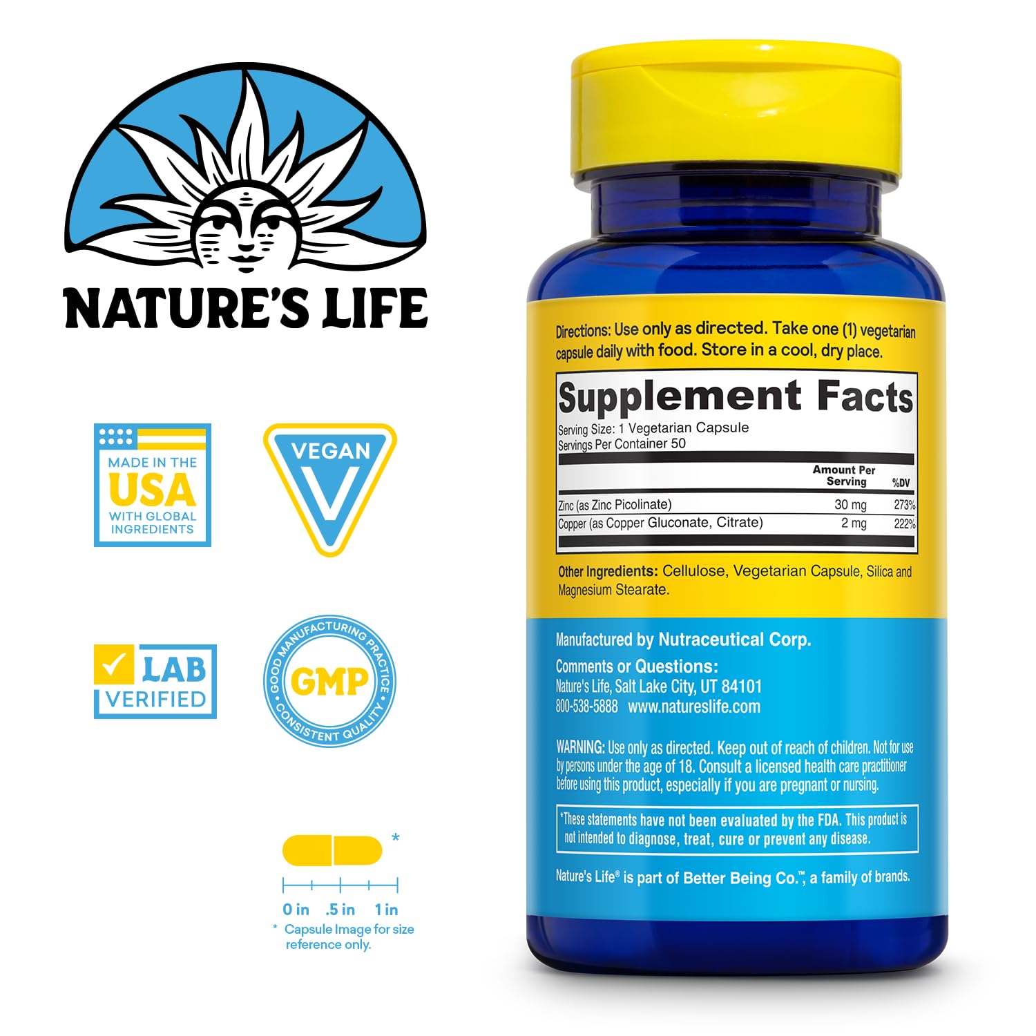 Nature's Life Zinc Picolinate 30mg Plus 2mg of Copper - Chelated Zinc Supplement for Immune, Cardiovascular, Skin, Cellular Function, and Muscle Support - 60-Day Guarantee - 50 Servings, 50 Capsules Nature's Life buy supplements canada