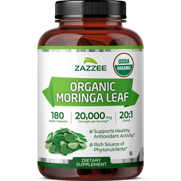 Zazzee USDA Organic Moringa Leaf 20:1 Extract, 180 Vegan Capsules, 3 Month Supply, Certified Kosher, Moringa Oleifera, Antioxidant, Immune & Cellular Support Zazzee buy supplements canada