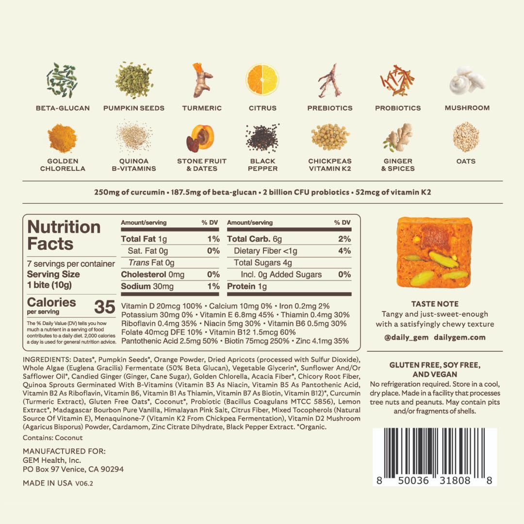 GEM Daily Bite for Women & Men, with 20+ Vitamins, Minerals, & Superfoods Like Zinc, Vitamin D, B-Complex, K, Turmeric, Fiber & Prebiotics, Beta Glucan GLP-1 Support & Immunity (Citrus Ginger,7 count) GEM buy supplements canada