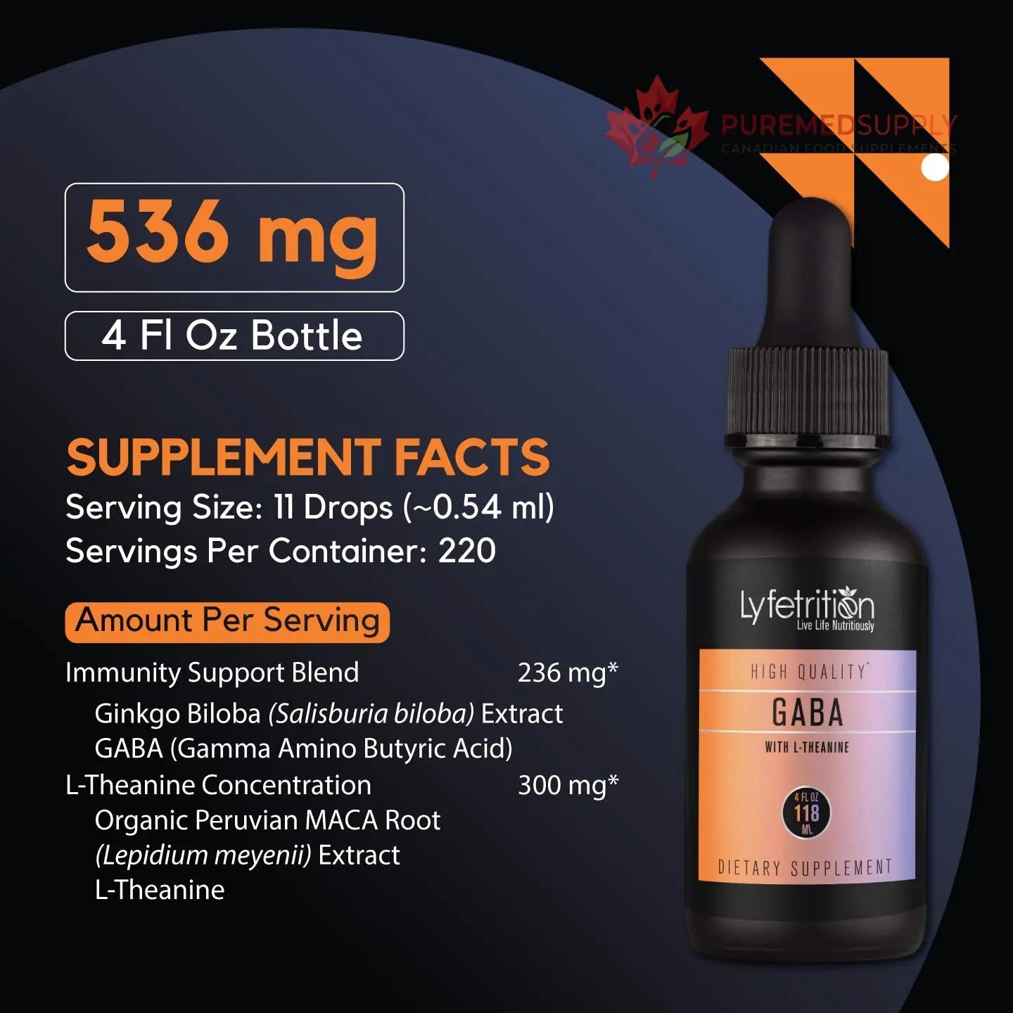 Lyfetrition GABA with L-Theanine, Ginkgo Biloba (Salisburia biloba) Extract, Organic Peruvian MACA Root (Lepidium meyenii) Extract, 118 ml, 4 FL Oz Liquid, 220 Servings, Made in USA, Quick Absorption Lyfetrition buy supplements canada