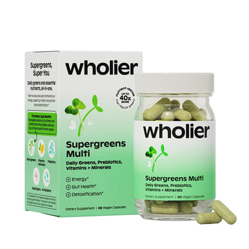wholier Supergreens Multi, Daily Greens, Vegan Multivitamin for Women + Men, Whole Food Vitamins + Minerals, Prebiotics for Gut Health, Adaptogens (60 Vegan Capsules) Glass Bottle wholier buy supplements canada