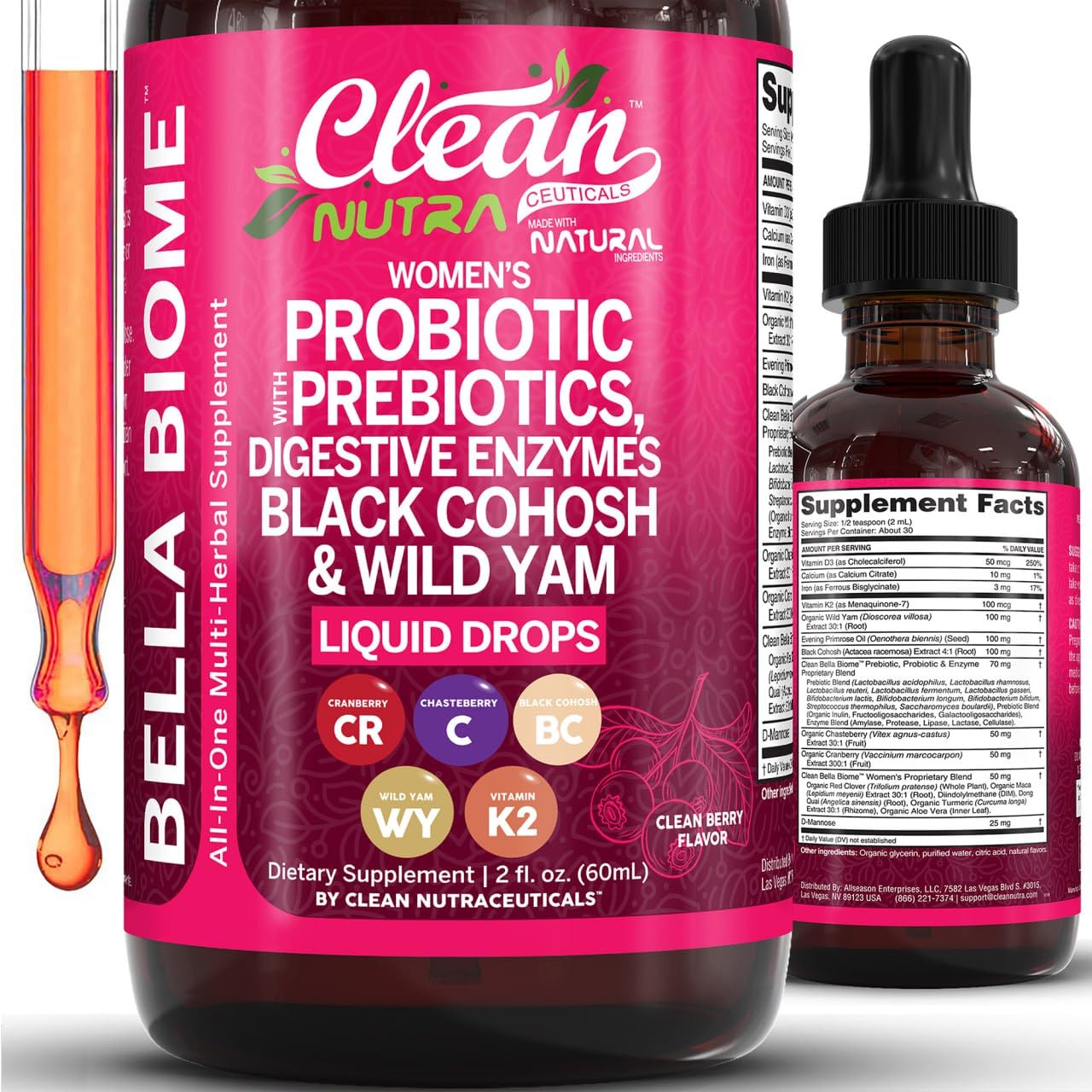 Liquid Probiotics for Women Drops with Chasteberry, Black Cohosh, Prebiotics, Digestive Enzymes, Evening Primrose Oil, Wild Yam, Cranberry Dmannose and Iron Vitamin D3 K2 Clean Nutra Bella Biotics Clean Nutraceuticals buy supplements canada