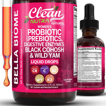 Liquid Probiotics for Women Drops with Chasteberry, Black Cohosh, Prebiotics, Digestive Enzymes, Evening Primrose Oil, Wild Yam, Cranberry Dmannose and Iron Vitamin D3 K2 Clean Nutra Bella Biotics Clean Nutraceuticals buy supplements canada