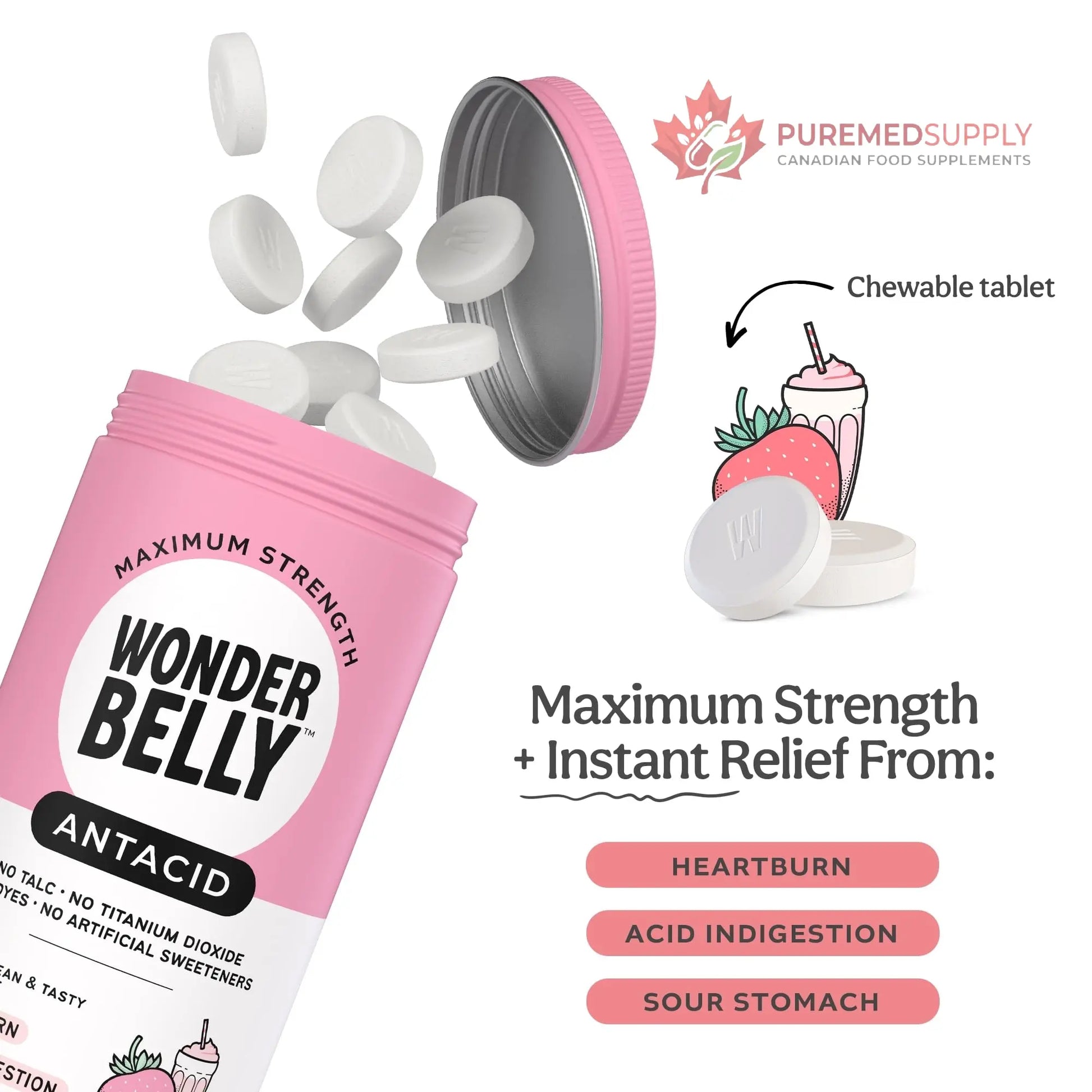 Wonderbelly Antacid, Effective Heartburn and Instant Acid Indigestion Relief, Extra Strength Chewable Tablets, 1000 mg Calcium Carbonate, No Talc or Dye, Strawberry Milkshake, 120 Count Wonderbelly buy supplements canada