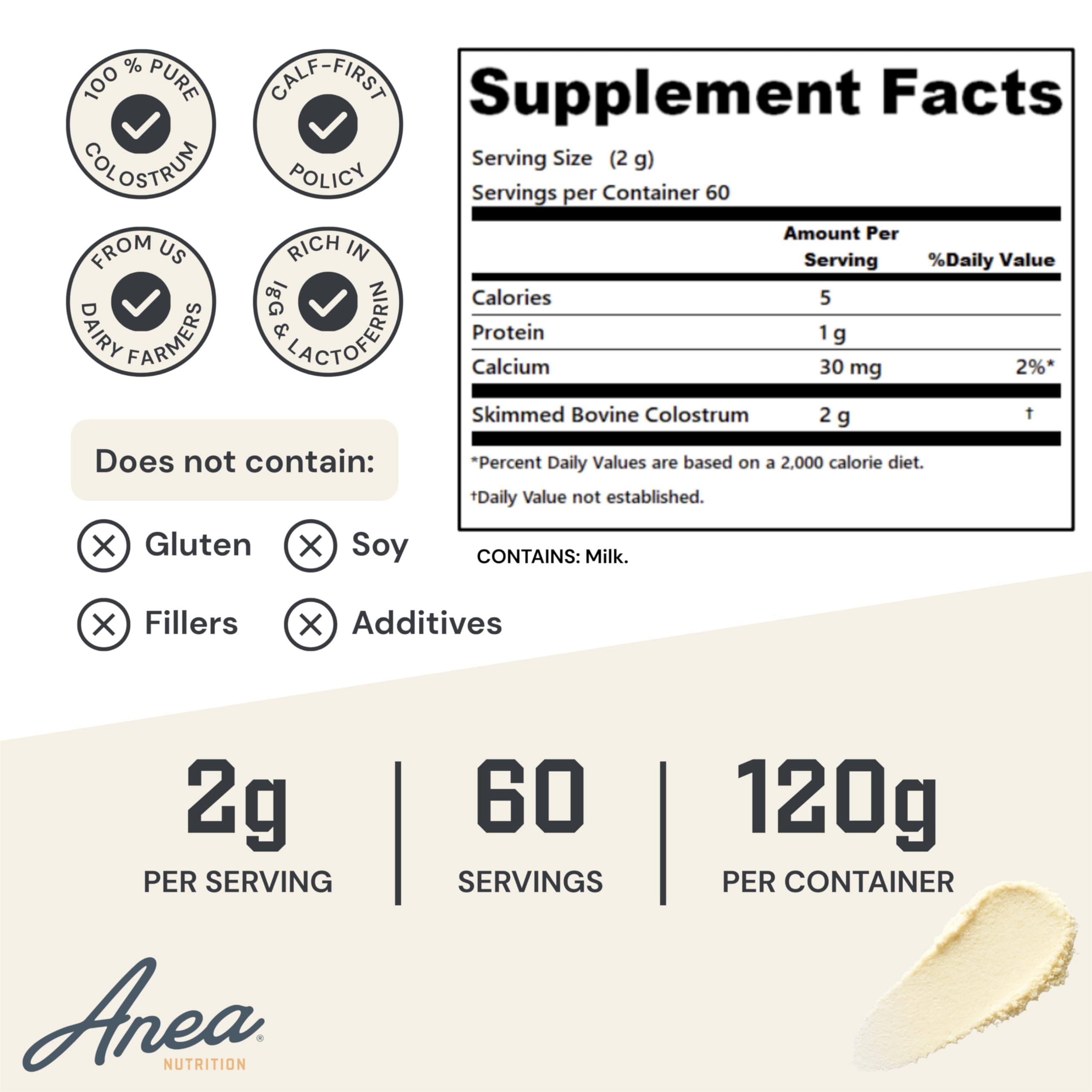 Anea Colostrum - Unflavored | Rich in Immunoglobulins & Lactoferrin | Supports Gut Health, Immunity & Recovery | Calf-First Promise | Made in USA | Made in GMP Facility Anea Nutrition buy supplements canada