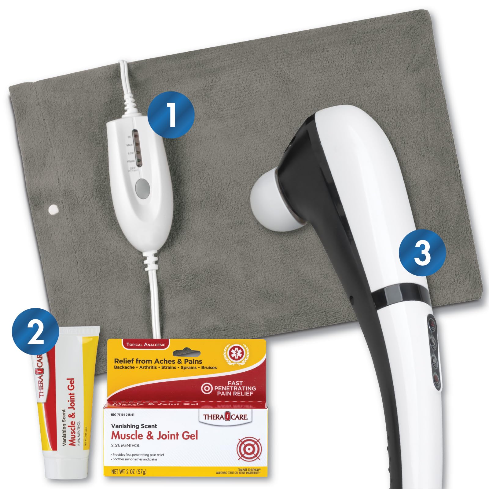 Pain Management Bundle 3-Piece | Personal Deep Tissue Massager | Muscle & Joint Pain Relief Gel | Deluxe Moist Dry Heating Pad | Therapeutic Care at Home | Whole Family Care Thera Care buy supplements canada