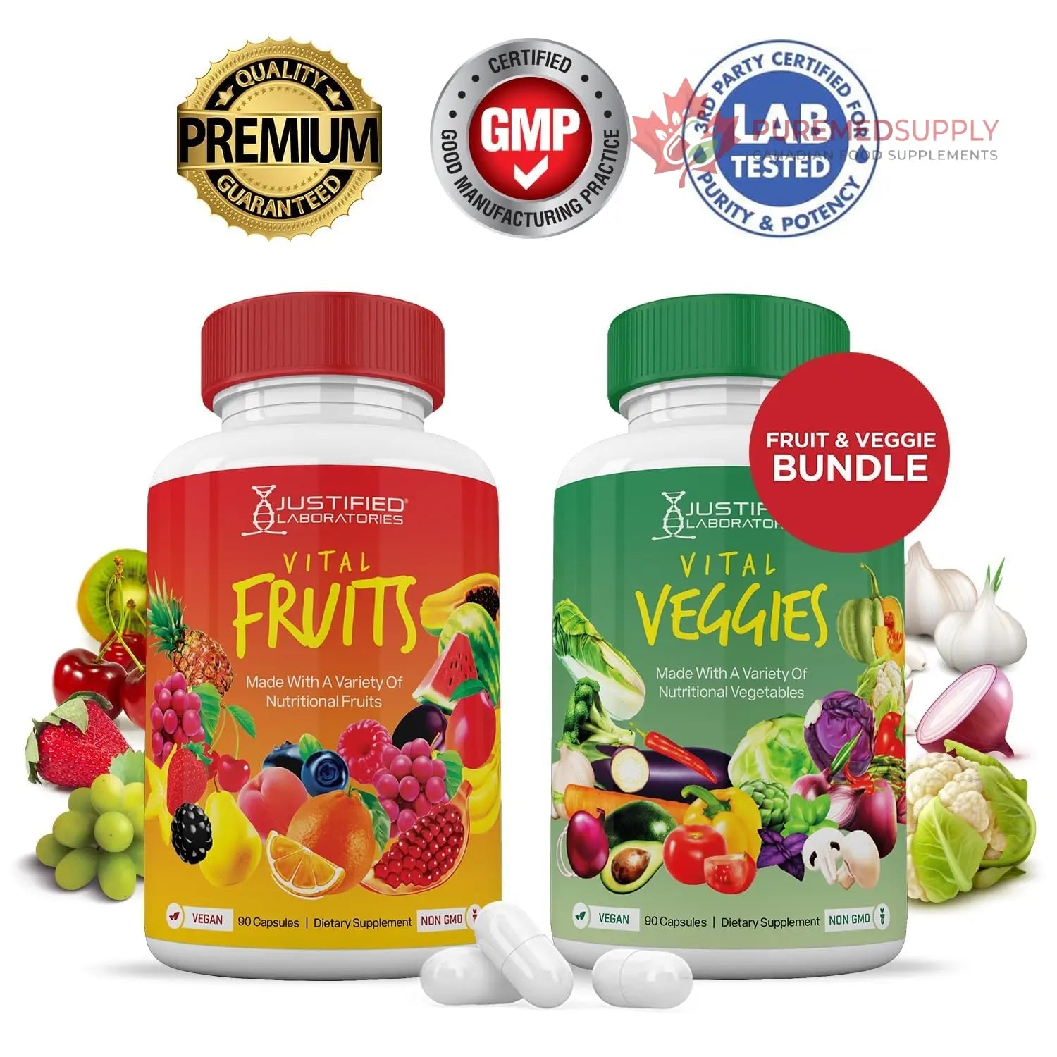 (10 Pack) Vital Fruits and Veggies Supplement Whole Food Red & Green Superfoods Non GMO Vegan Friendly 900 Veggie Capsules 10 Bottles Justified Laboratories buy supplements canada