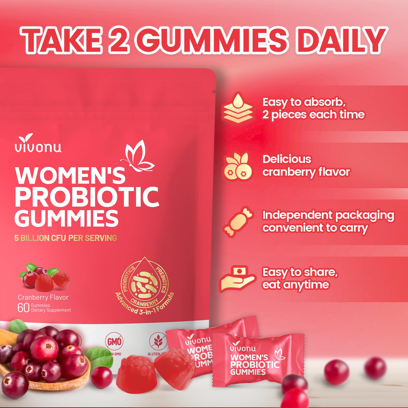 VivoNu Viginal Probiotics for Women, Women Probiotic Gummies, Feminine Balance Gummies, Prebiotic Gummy, Cranberry Probiotics for Woman Vaginigal Health, Yeast Ph Balance| 60 Gummies VivoNu buy supplements canada