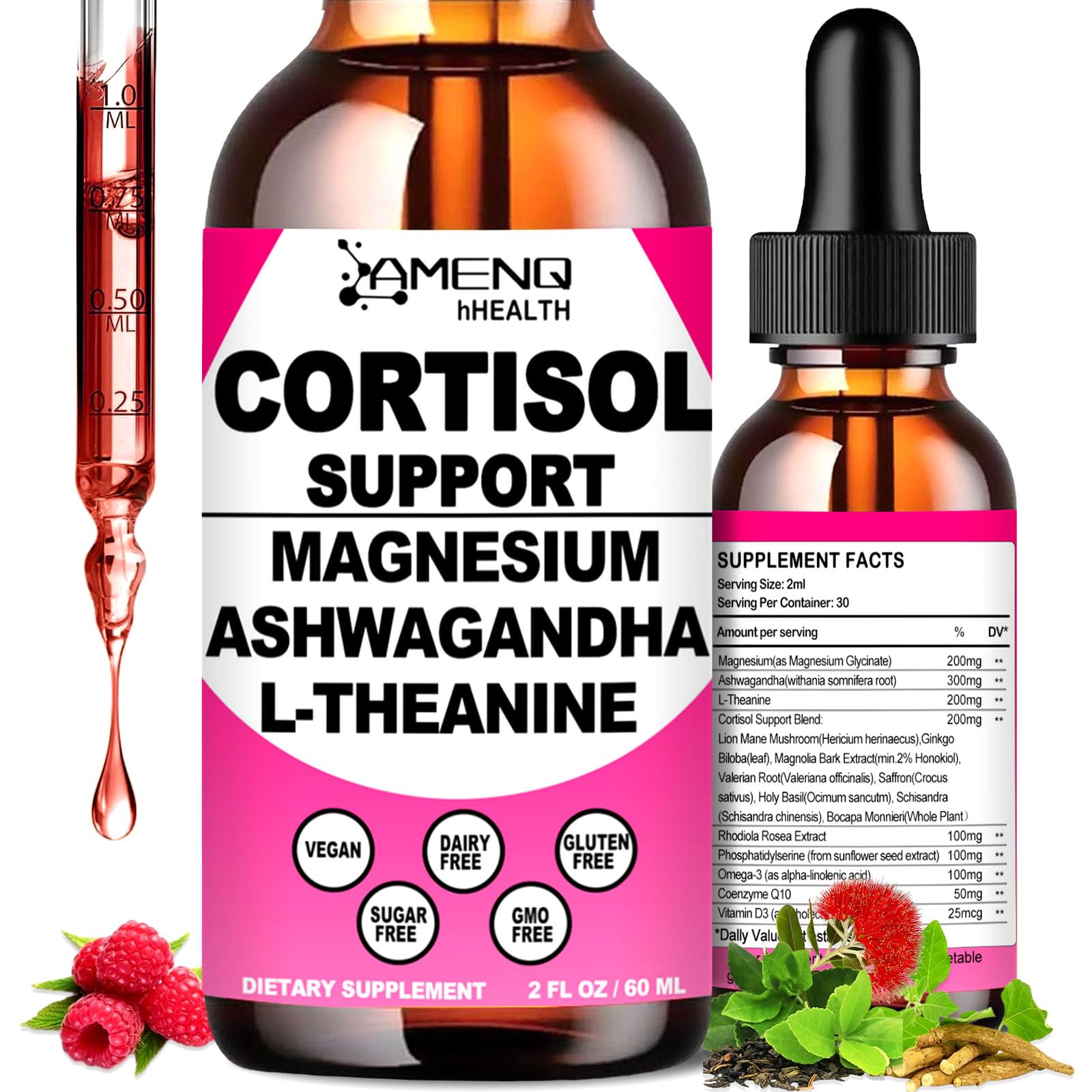 Cortisol Supplement Liquid Drops, 17-in-1 Cortisol Reducer w. Ksm-66 Ashwagandha Theanine Rhodiola Rosea Magnesium Phosphatidylserine, Hormone Balanced & Lower Cortisol for Women Calm* Relaxation AMENQ hHEALTH buy supplements canada