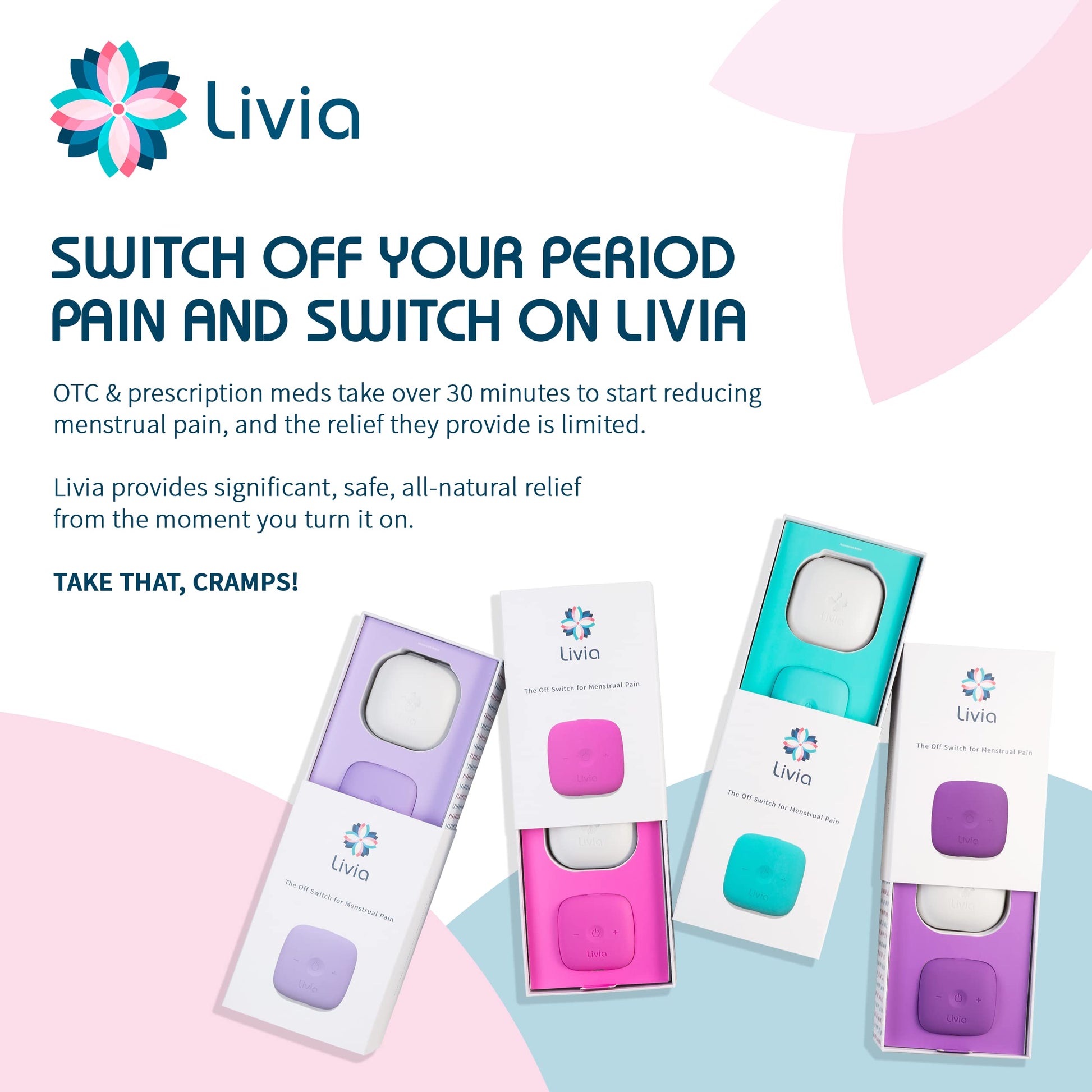 Livia Menstrual Pain Relief Device, Lavender - The Off Switch for Period Pain - Portable Unit with Stick-on Pads Livia buy supplements canada