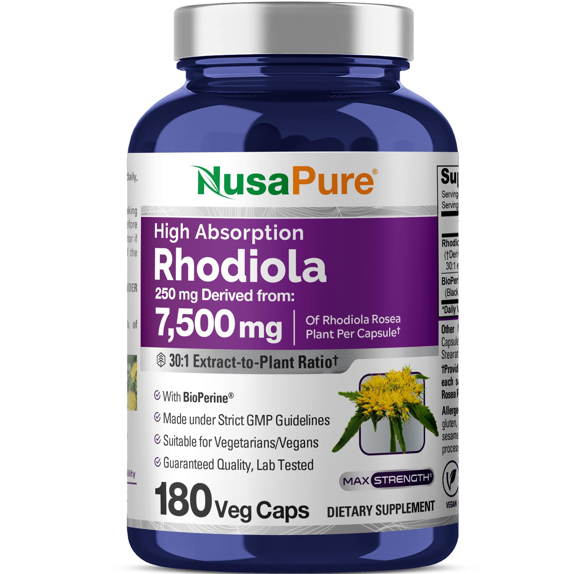 NusaPure Rhodiola Rosea 7,500mg 180 Veggie Capsules (Non-GMO, Extract 30:1, Vegan & Gluten-Free) Bioperine NusaPure buy supplements canada