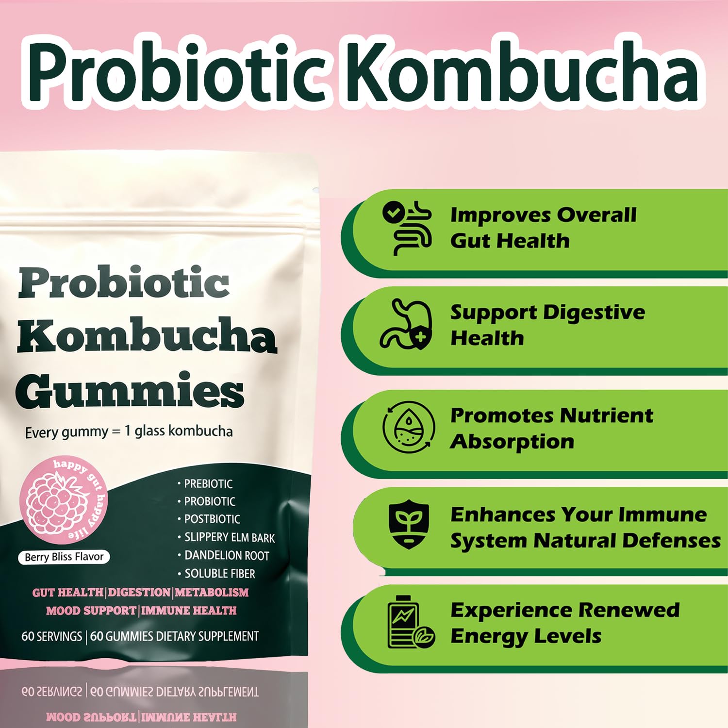 Glo Vous Probiotic Kombucha Gummies – 60 Gummies, with Prebiotics, Postbiotics & Fiber,Includes Slippery Elm, Dandelion Root & MCT Oil,Supports Digestive Health, Bloating Relief & Gut Support Glo Vous buy supplements canada