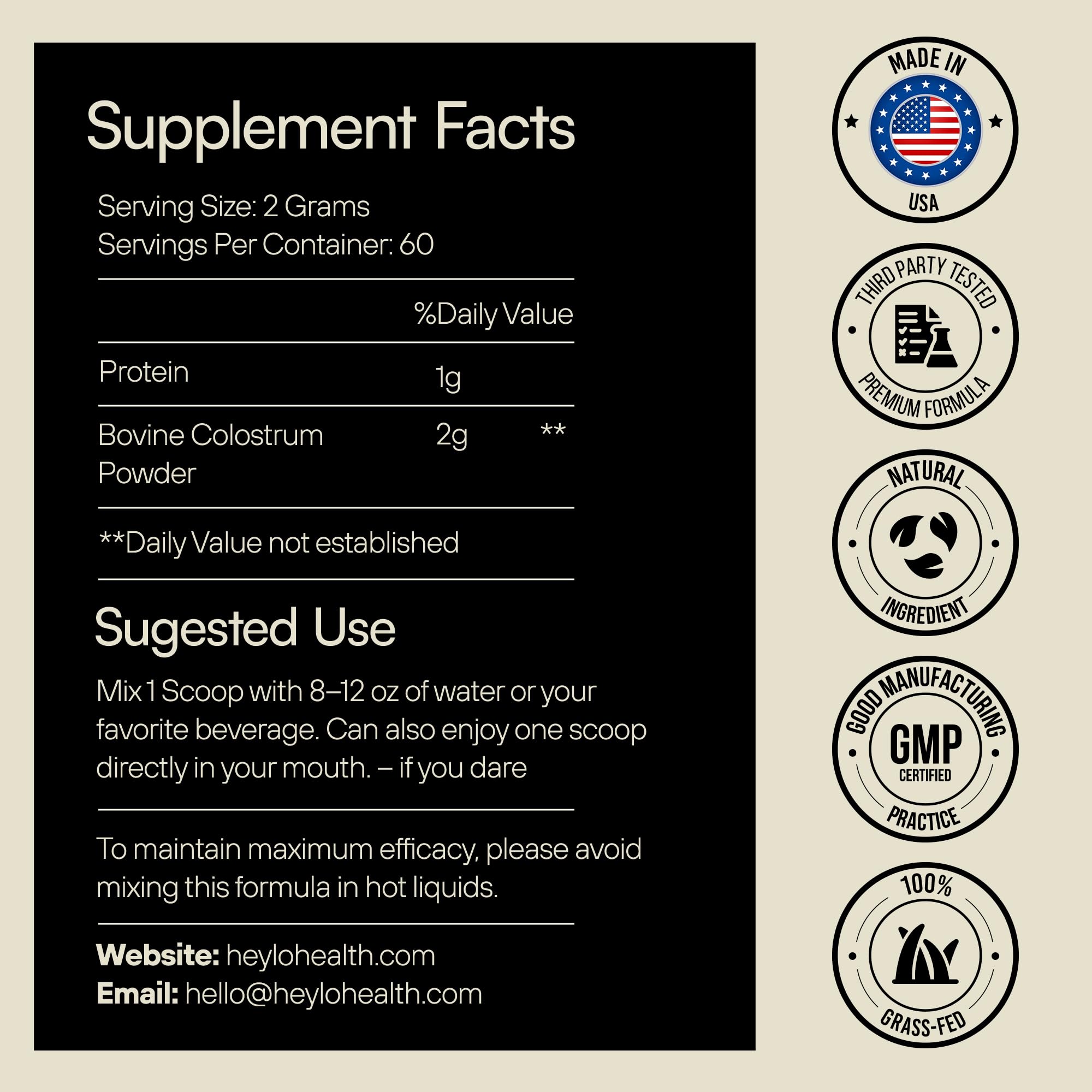 Heylo Premium Colostrum Powder – 100% Pure, Grass-Fed Bovine 40% IgG Supplement, Natural Gut Health Bloating Immunity Skin & Hair, Muscle Recovery, Rich in Immunoglobulins, 60 Servings Heylo Health buy supplements canada