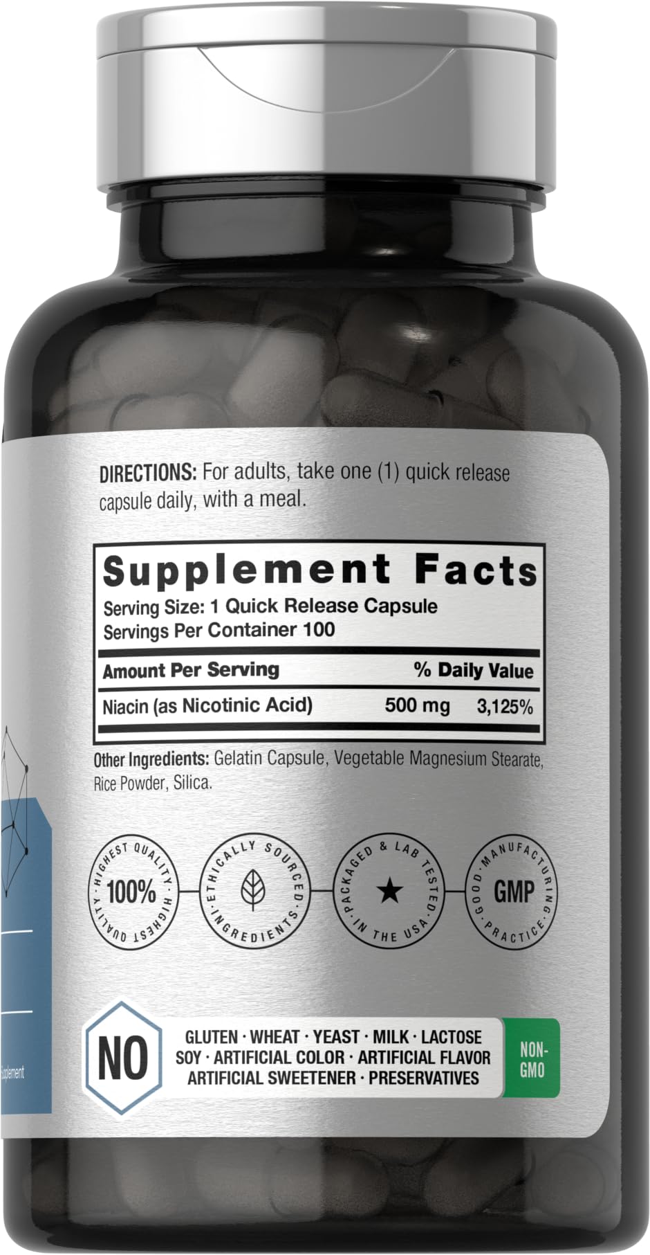 Niacin | Vitamin B3 500mg | 100 Capsules | with Flushing | Non-GMO, and Gluten Free Horbäach buy supplements canada