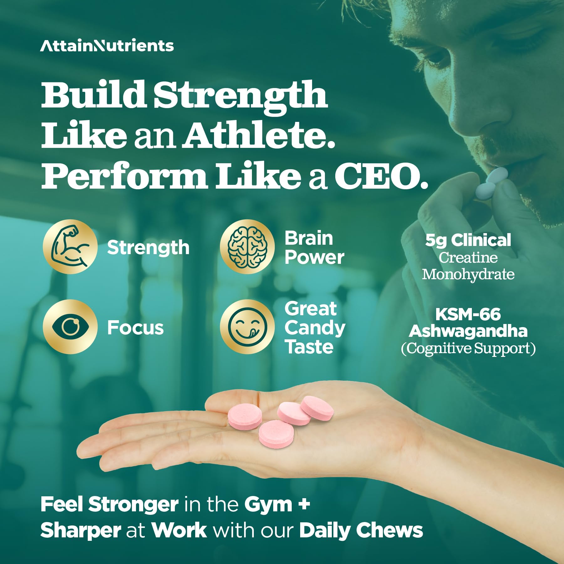 Creatine Chews - 5000mg Creatine Monohydrate Tablets for Men & Women with Ashwagandha KSM-66 - Low Sugar Muscle Support & Cognitive Boost - Gummy Alternative - 120 Count (Strawberry Lemonade) Attain Nutrients buy supplements canada