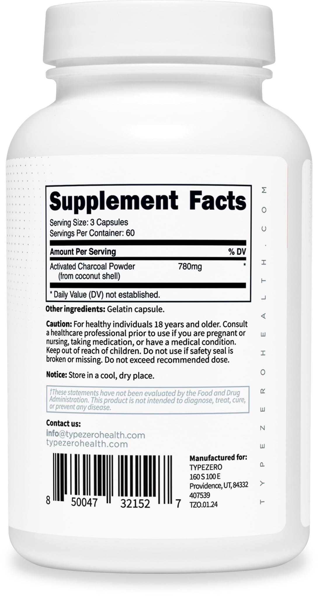 Type Zero Activated Charcoal Capsules (180 Count) - 60 Servings, 780mg Per Serving, from Coconut Shell, Non-GMO, Gluten-Free Type Zero buy supplements canada