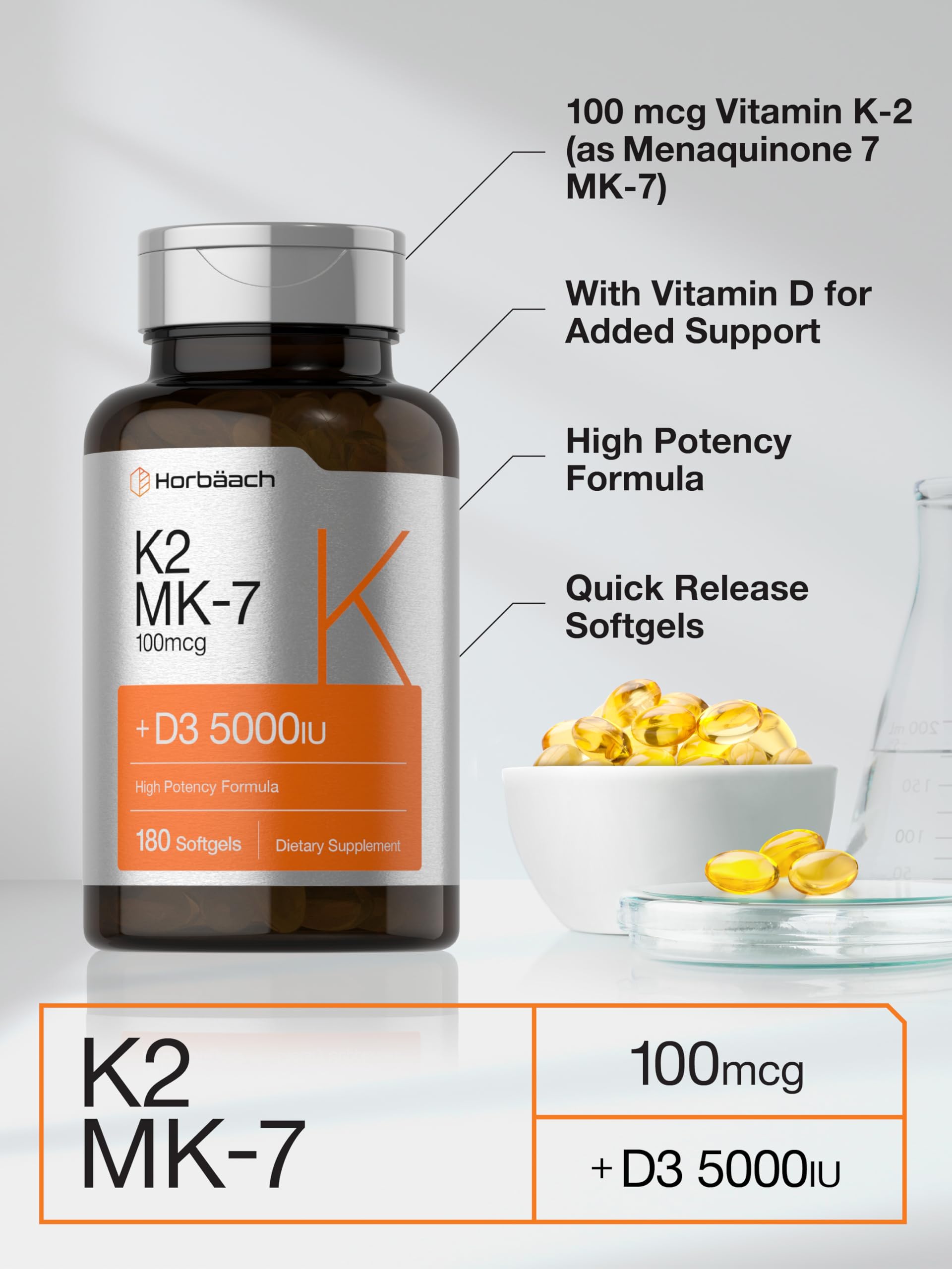 Horbäach Vitamin D3 K2 | 5000iu of Vitamin D & 100mcg MK-7 Complex | 180 Softgel Cap Horbäach buy supplements canada