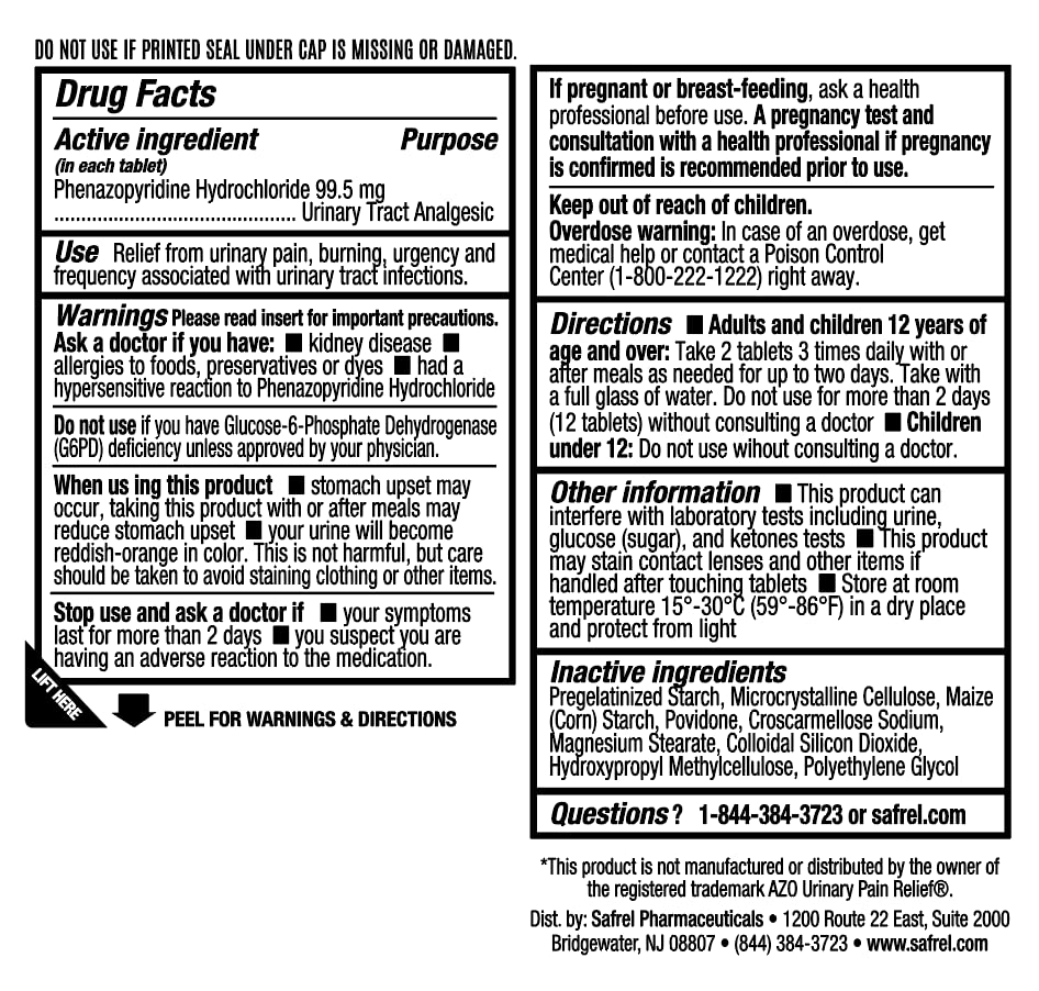 Safrel Urinary Pain Relief | UTI Relief | Fast Acting | Bladder Discomfort & Pain Relief | Phenazopyridine Hydrochloride 99.5mg (28 Count) Safrel buy supplements canada