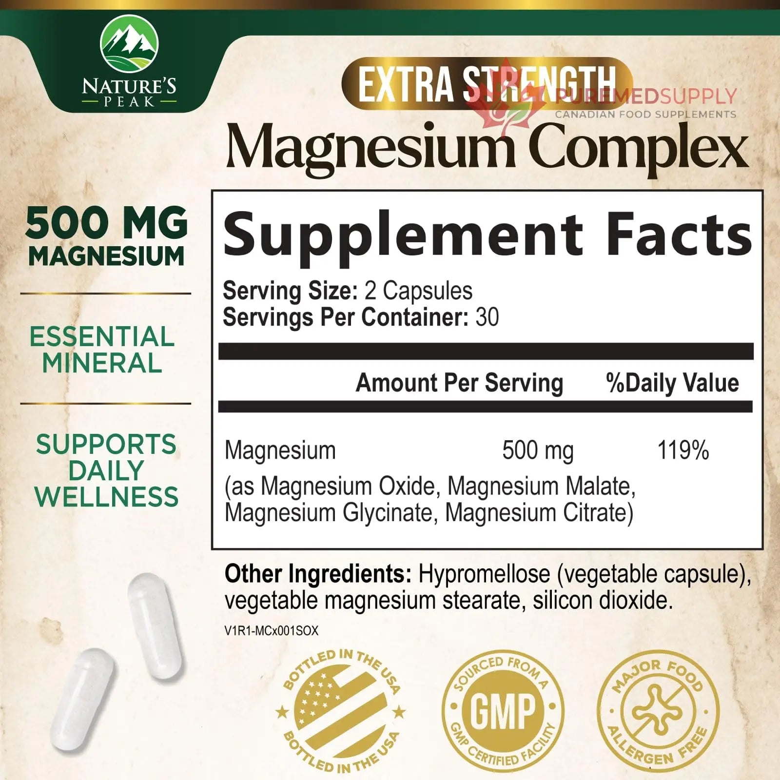 Magnesium Complex Supplement - Magnesium 500mg Per Serving - High Absorption Blend of Glycinate, Citrate, Malate, Oxide - Supports Sleep, Muscle, Bone, Heart Health - Bottled in USA - 60 Capsules Nature's Peak buy supplements canada