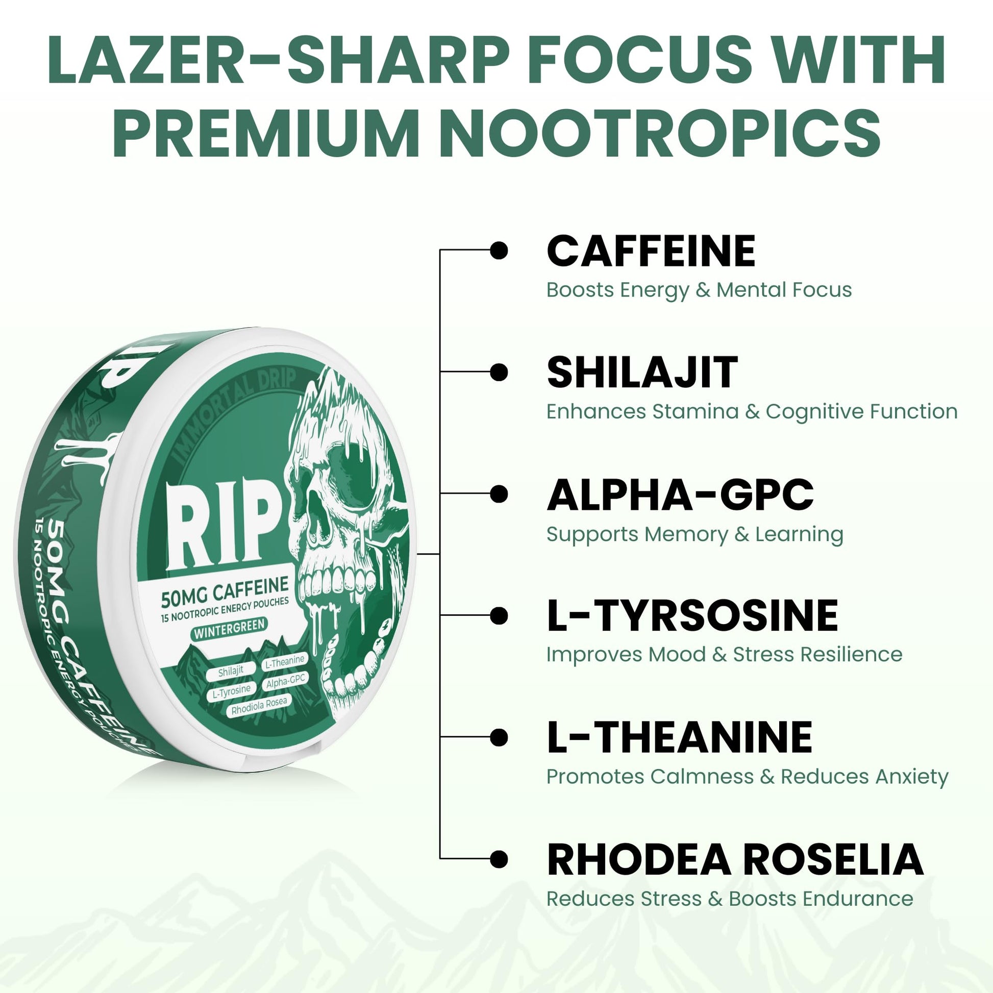 Immortal Drip RIP Nootropic Energy Pouches (Wintergreen) – 5 Cans – 15 Pouches per Can – Clean Energy & Focus Support – 50mg Caffeine, Shilajit, Alpha-GPC, L-Tyrosine, Rhodiola Immortal Drip buy supplements canada