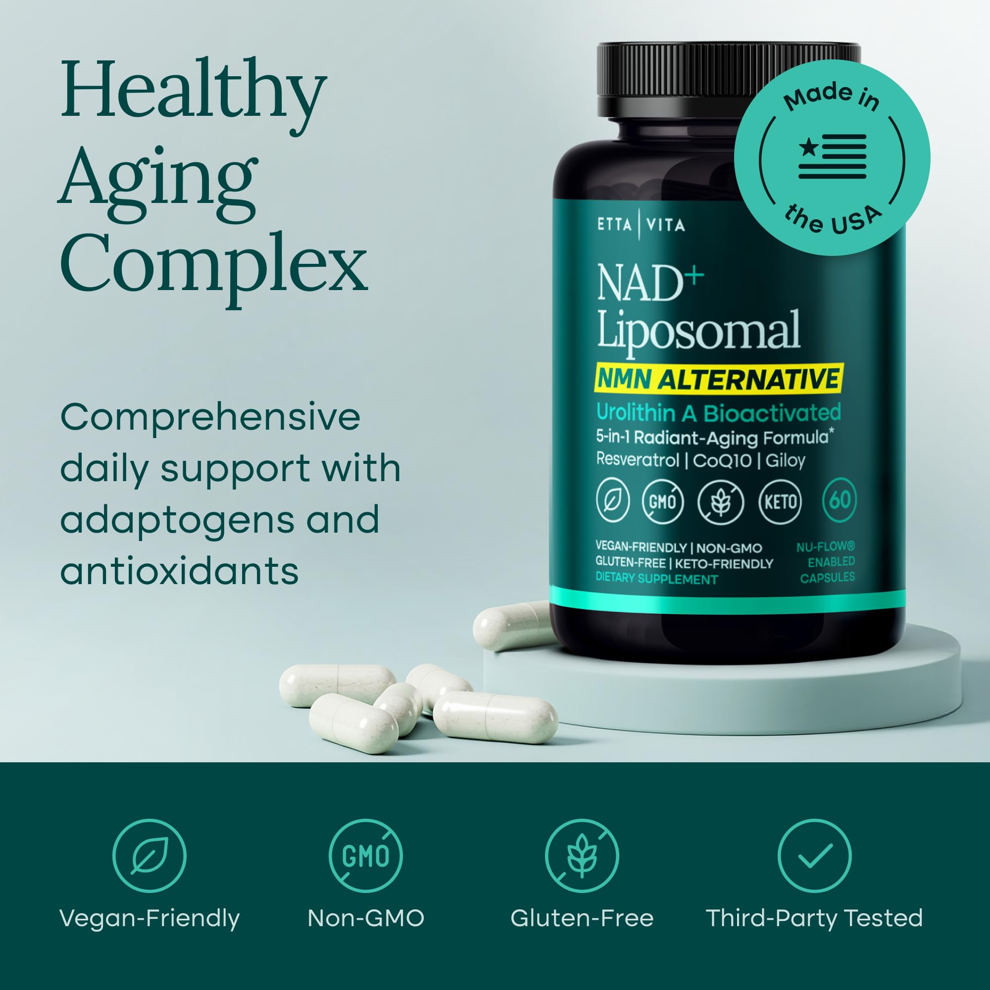 Liposomal NAD+ Supplement - Resveratrol, Urolithin A, CoQ10 & Muira Puama (Made in USA) NAD Supplement for Natural Energy, Brain Fog, Digestion, Detox, Gut Health, Microbiome, NR NMN Replacement Etta Vita buy supplements canada