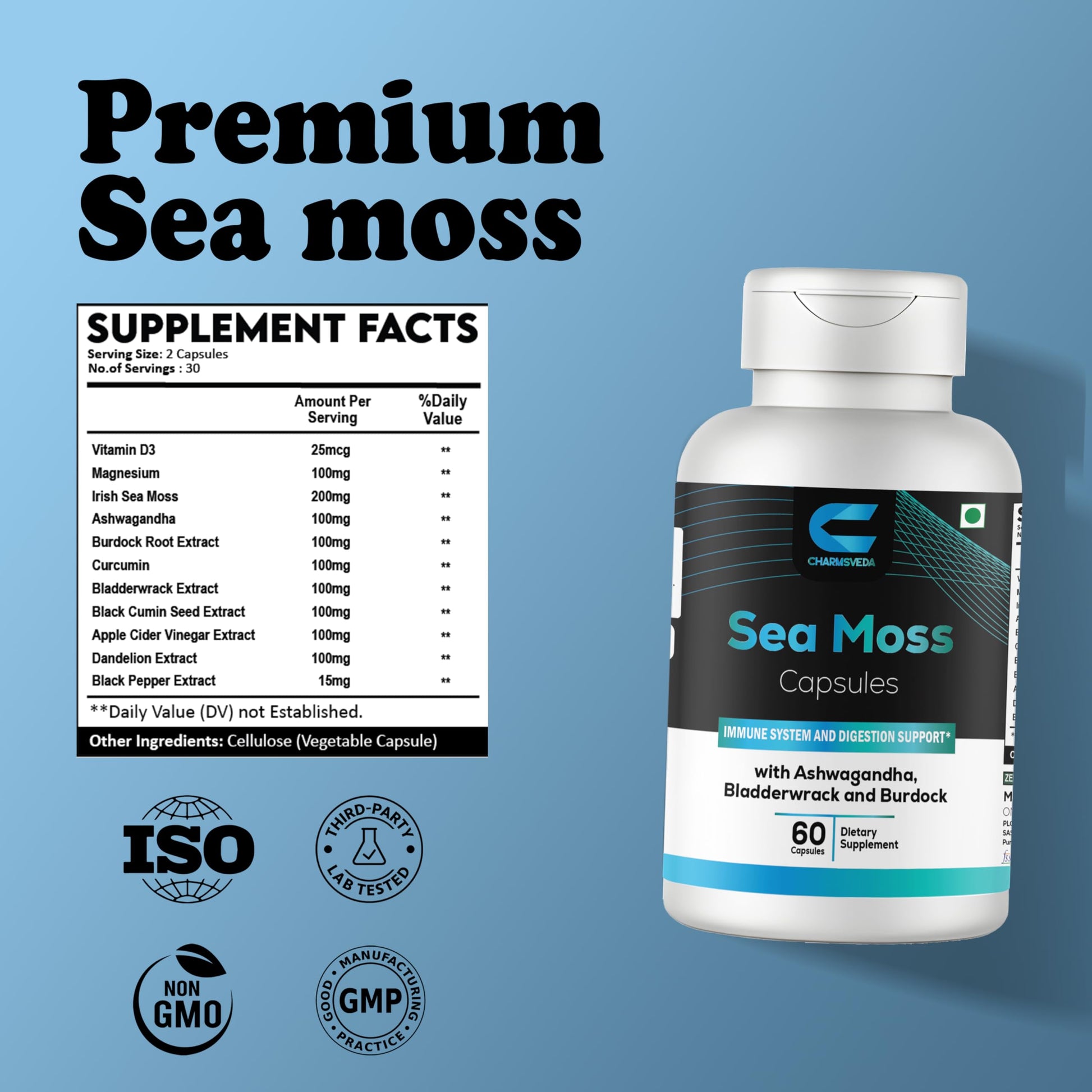 CHARMSVEDA Sea Moss Capsules with Ashwagandha, Bladderwrack & Burdock – Overall Wellness & Immune Support, Support Digestive & Gut Health* – 60 Vegan Capsules CHARMSVEDA buy supplements canada