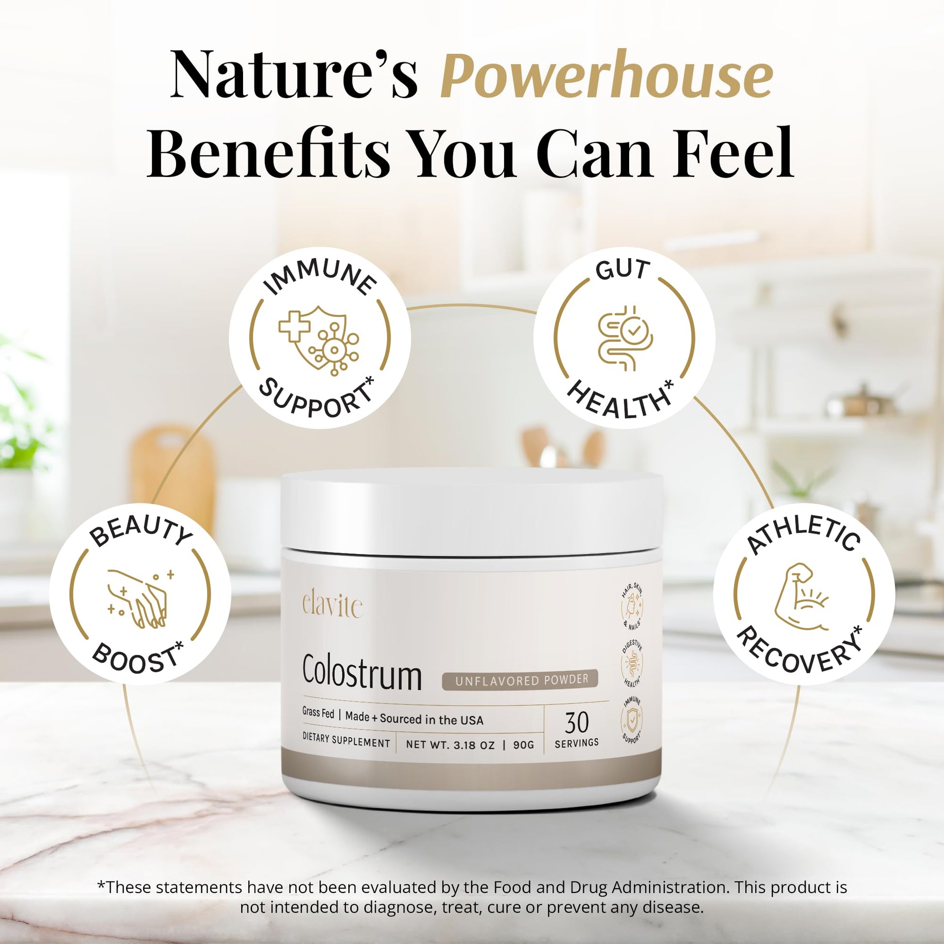 Elavite Bovine Colostrum Powder (Unflavored) Grass Fed Colostrum Supplement for Gut Health, Immune Support Healthy Hair, Skin & Nails - 30 Servings Elavite buy supplements canada