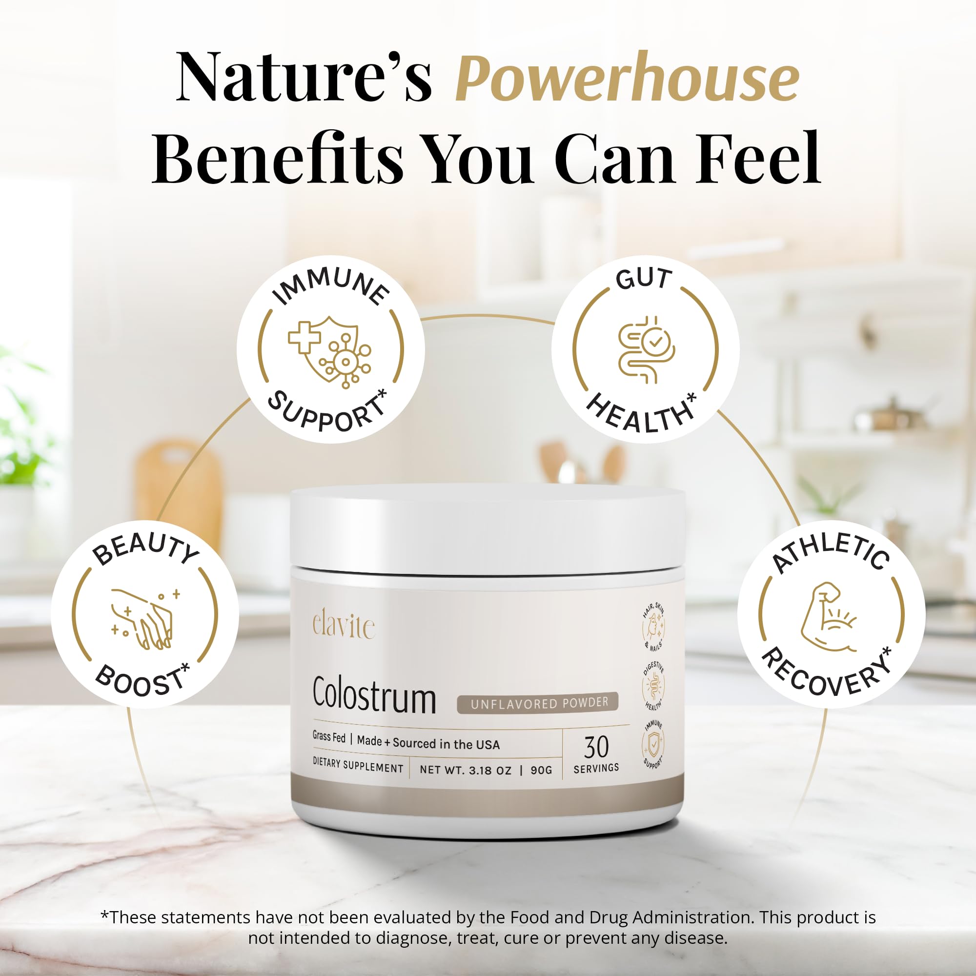 Elavite Bovine Colostrum Powder (Unflavored) Grass Fed Colostrum Supplement for Gut Health, Immune Support Healthy Hair, Skin & Nails - 30 Servings Elavite buy supplements canada