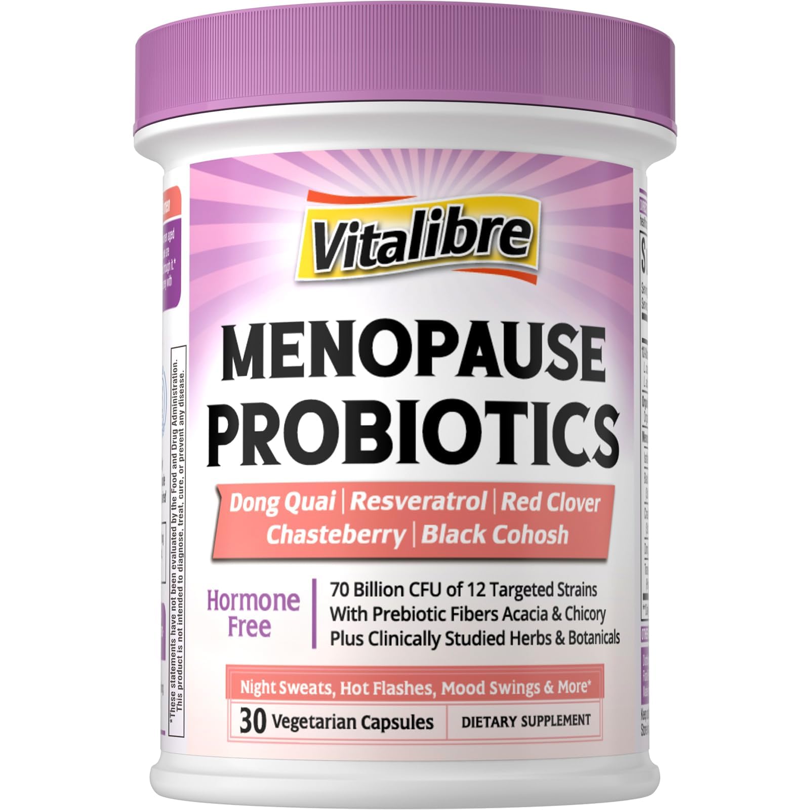 Vitalibre Menopause Probiotics for Women 70 Billion CFU, 12 Targeted Strains, Organic Prebiotics, Black Cohosh Resveratrol Red Clover Chasteberry Dong Quai, Hot Flash Night Sweat+, No Estrogen, 30 Ct Vitalibre buy supplements canada