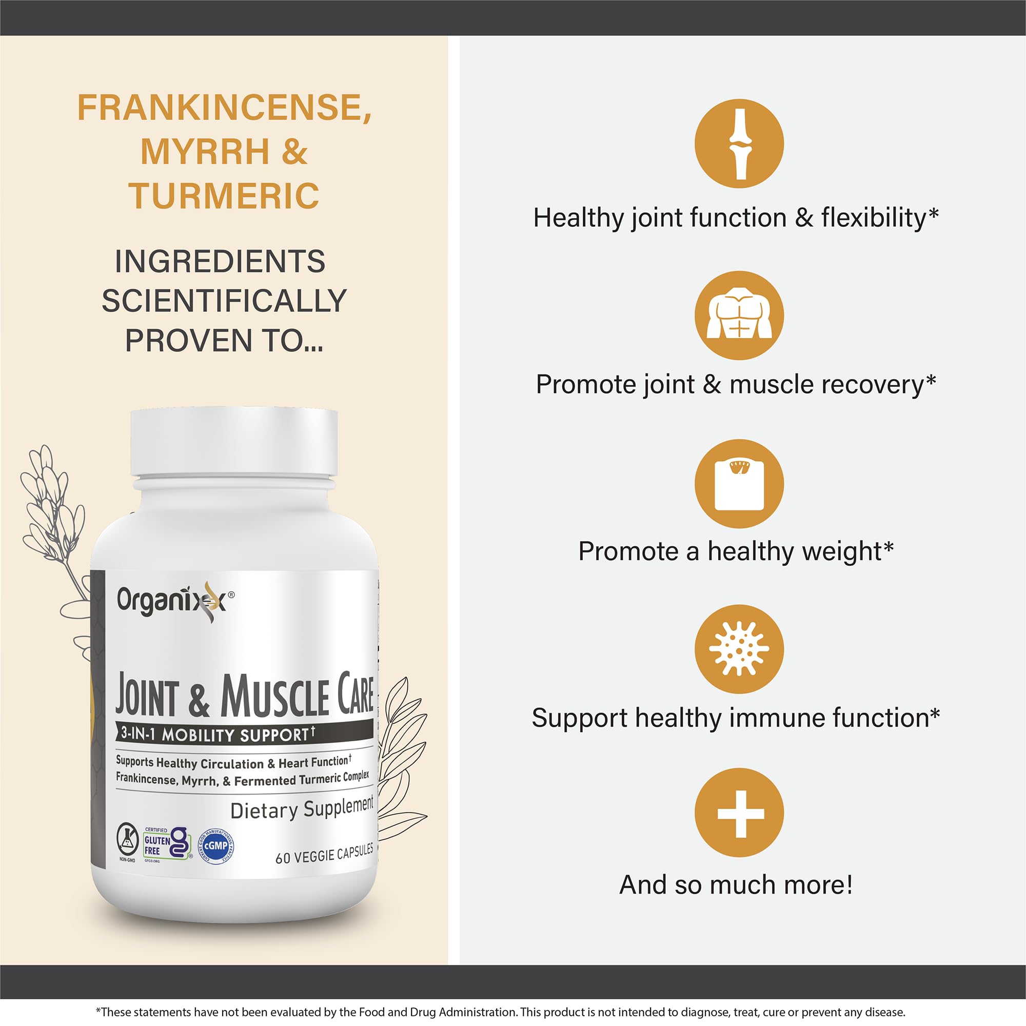 Organixx Joint & Muscle Care Organic Turmeric Supplement, 3-in-1 Frankincense, Turmeric and Myrrh Joint Health & Joint Support Supplement Body Care Capsules, Supports Swelling, Tension, 60 Capsules Organixx buy supplements canada