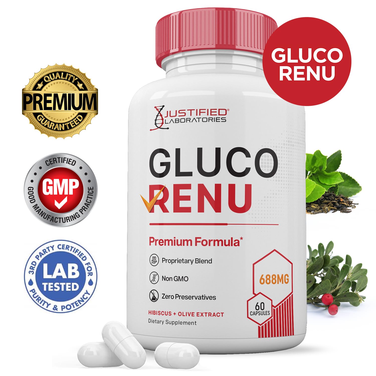 Gluco Renu 688MG Glyco Support Pills Premium Formula Gluo Renew Glycogen Support Formulated Hawthrone Hibiscus Garlic Junpier Powder Olive Forskolin Green Tea Extract 60 Capsules Justified Laboratories buy supplements canada