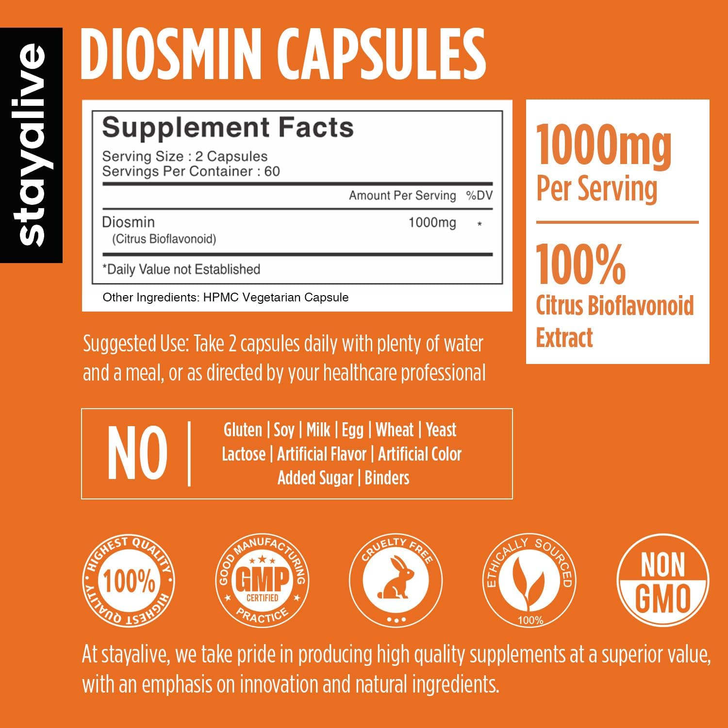 STAY ALIVE Pure Diosmin Complex 1000mg Formula, 120 Capsules, Citrus Bioflavonoids Rich Fruit Extract, 2 Month Supply, 100% Vegetarian, Non-GMO & Gluten Free Diosmin Supplement STAY ALIVE buy supplements canada