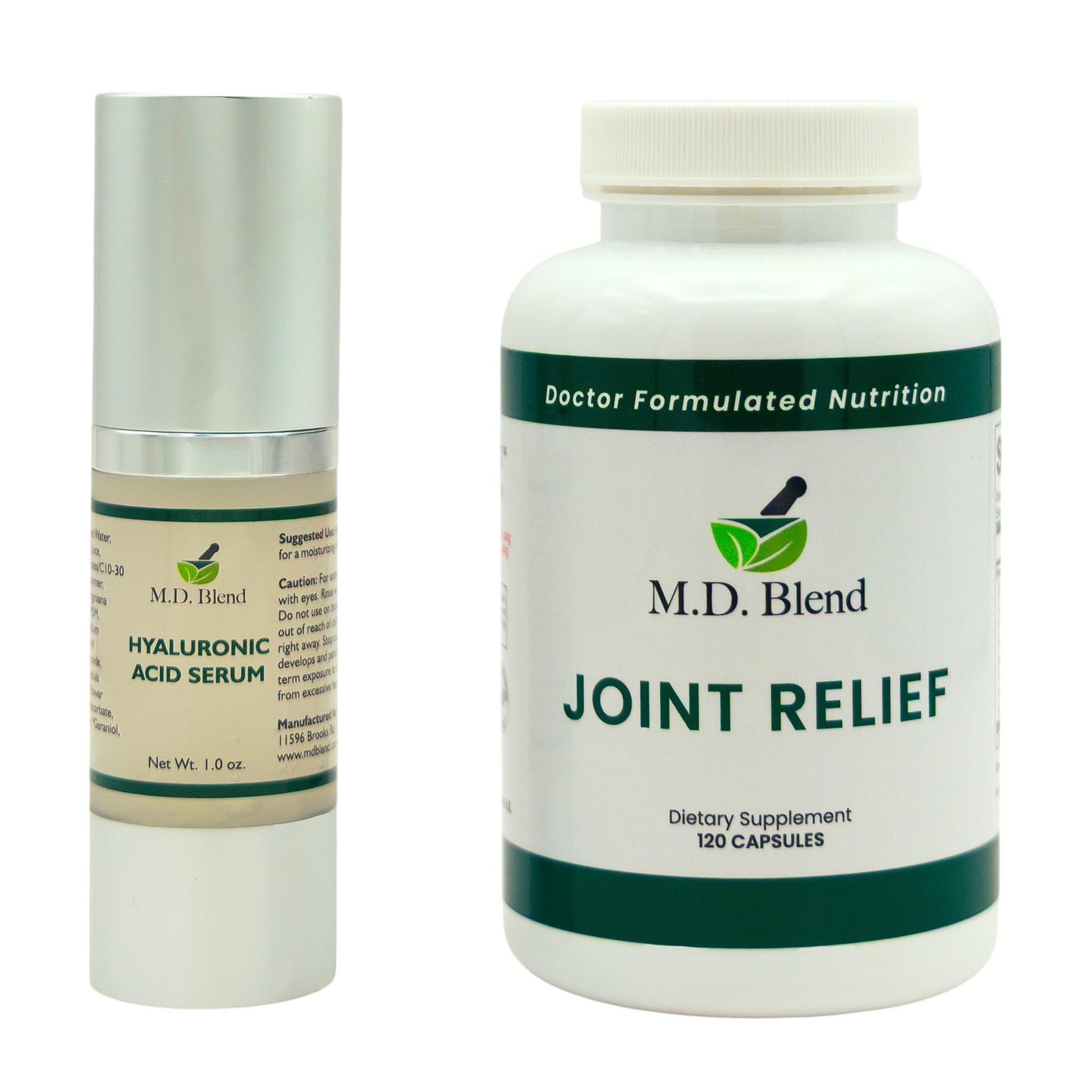 M.D. Blend Wellness Bundle with joint health supplement (120 capsules) & lightweight face hydrating hyaluronic acid serum (30 ml) featuring an airless pump, daily wellness skincare + joint support duo M.D. Blend buy supplements canada