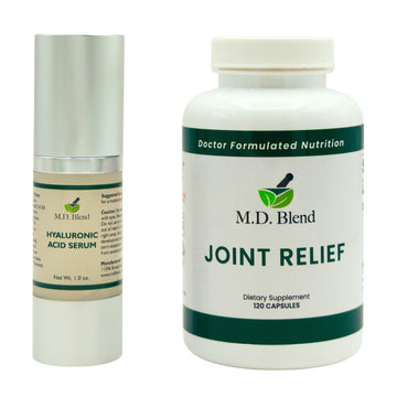 M.D. Blend Wellness Bundle with joint health supplement (120 capsules) & lightweight face hydrating hyaluronic acid serum (30 ml) featuring an airless pump, daily wellness skincare + joint support duo M.D. Blend buy supplements canada