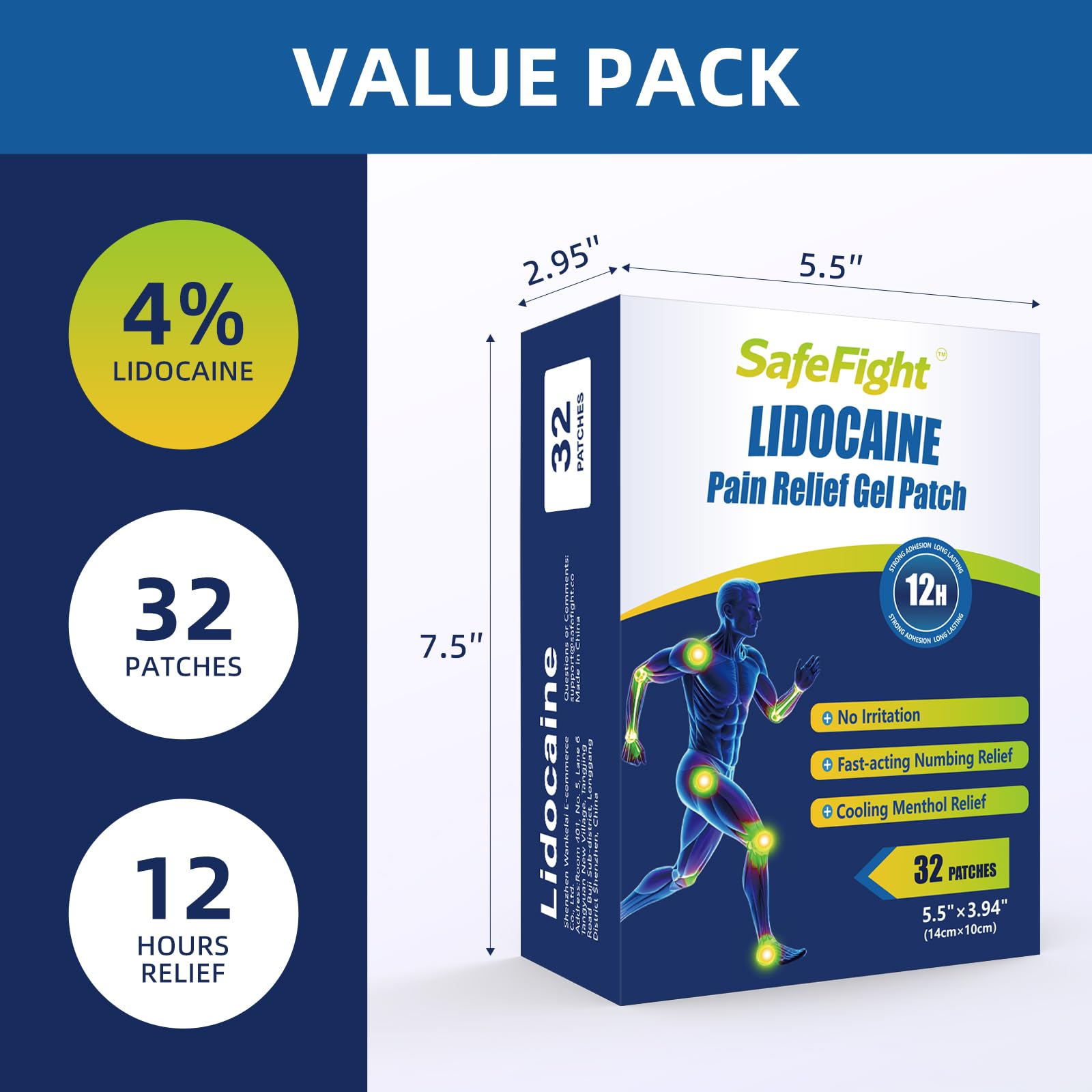 SafeFight 4% Lidocaine Pain Relief Patches 32 Count - Maximum Strength Relief for Back, Neck, Shoulder, Joint & Muscle Pain, Add Menthol, 12 Hour Long Lasting Relief Pains SafeFight buy supplements canada