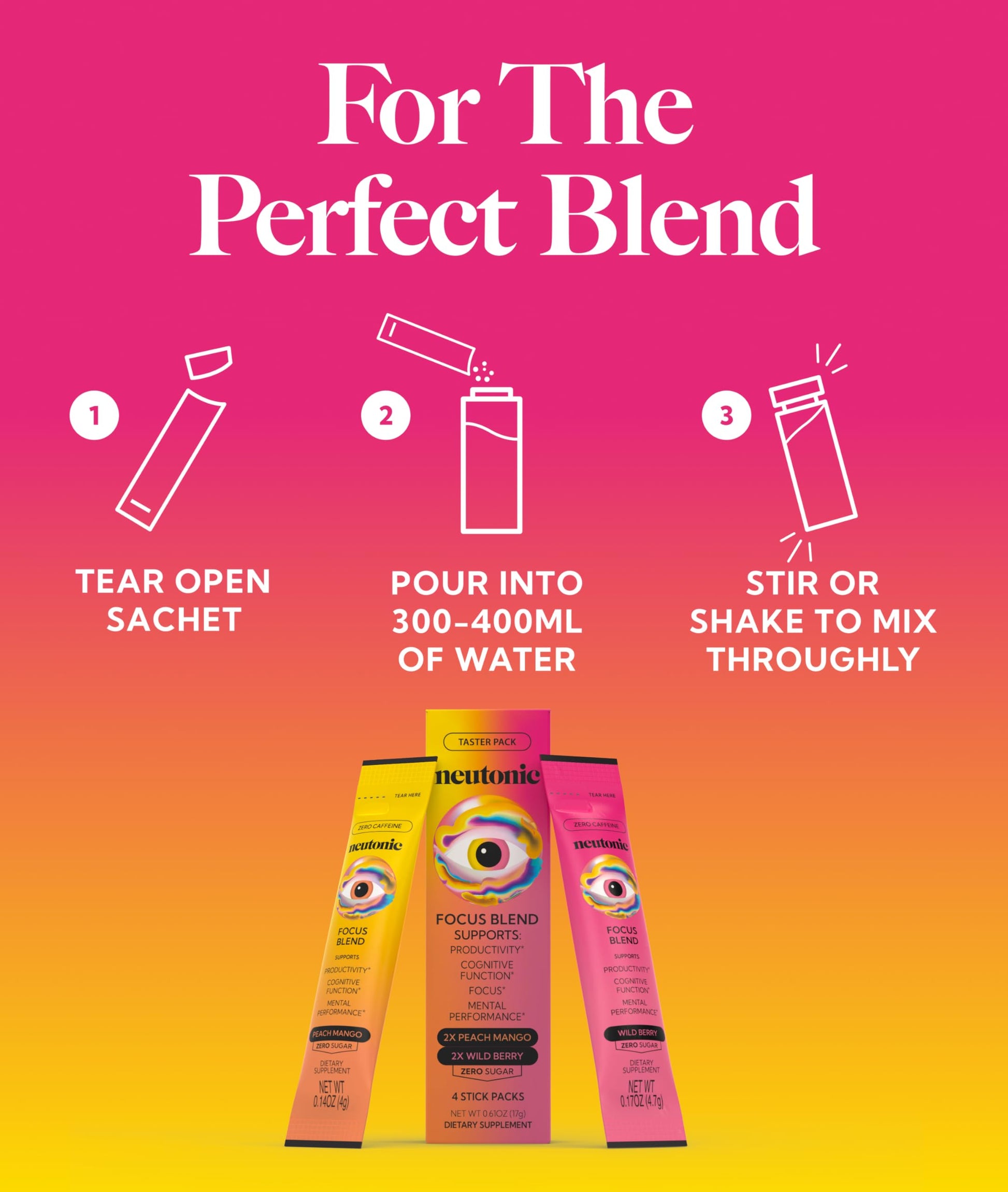 Neutonic Nootropic Focus Blend Powder | Peach Mango & Wild Berry 4 Sticks | Caffeine Free, Zero Sugar | Support Memory, Mental Clarity, Cognitive Function | Boost Focus, Energy, Brain Health Neutonic buy supplements canada