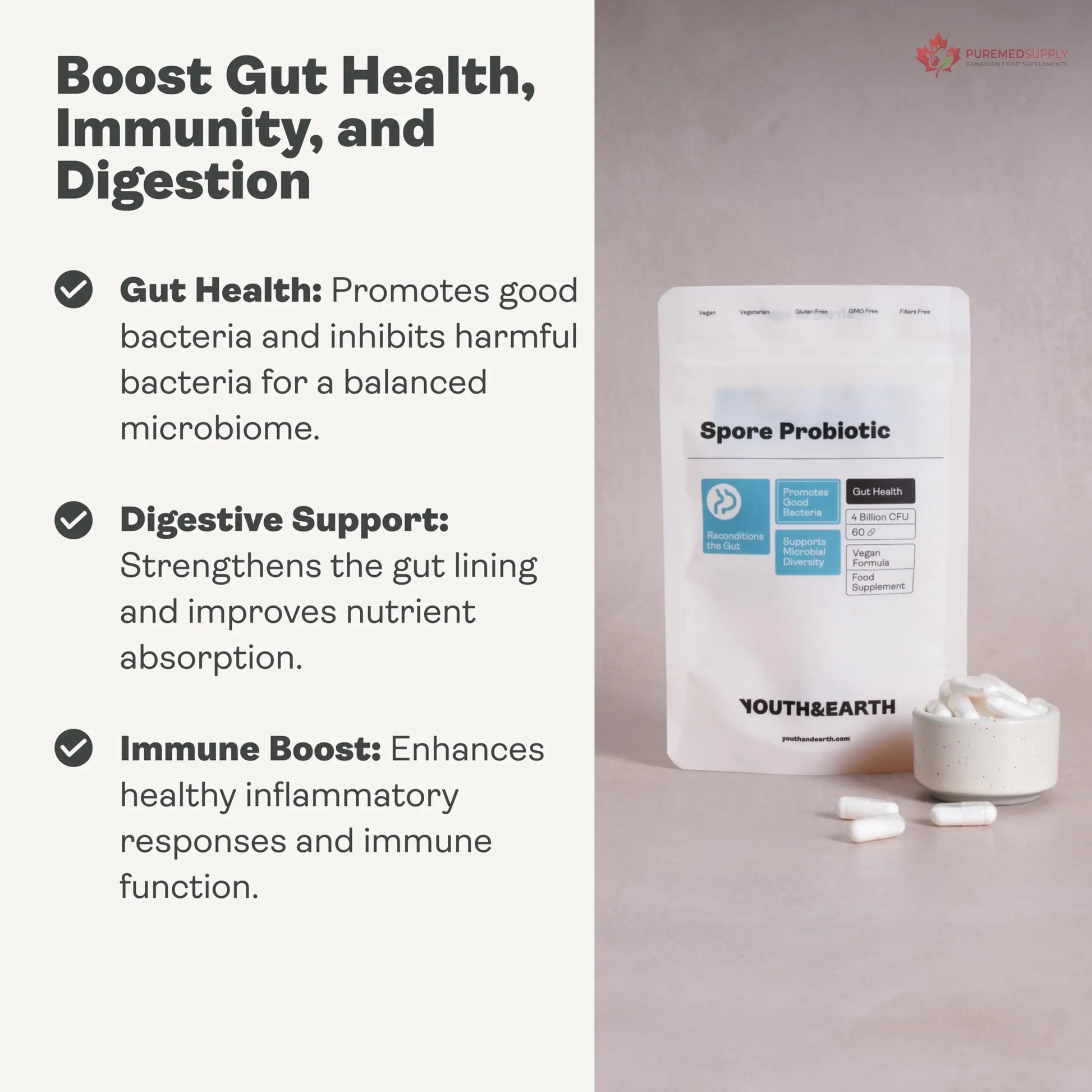 Youth & Earth Spore Probiotics 4 Billion CFU Count - Probiotics for Gut Health & Immune Support | Gut Health Supplements for Digestive Health | 60 Capsules Youth & Earth buy supplements canada