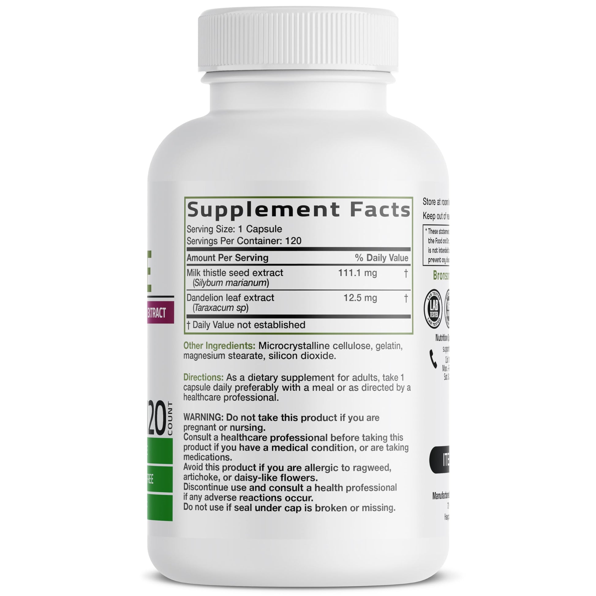 Bronson Milk Thistle Silymarin Marianum & Dandelion Extract Liver Health Support, Antioxidant Support, Detox, 120 Capsules Bronson buy supplements canada