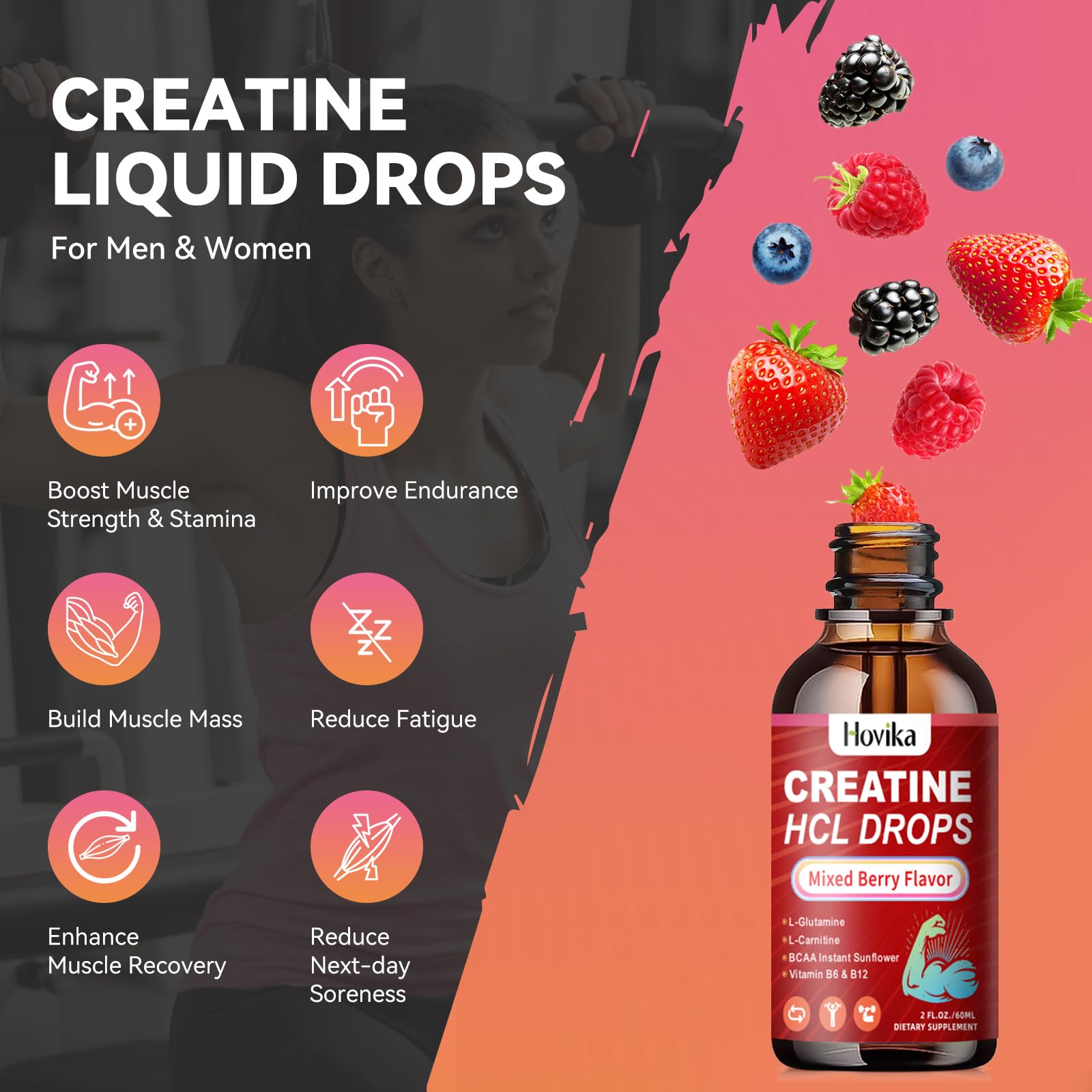 Creatine HCL Liquid Drops for Men & Women, Creatine Hydrochloride with L-Carnitine, L-Glutamine, BCAA, Vitamin B12 & B6 for Muscle Growth & Recovery-Vegan, Mixed Berry Flavor Flavor, 2 Fl Oz Hovika buy supplements canada