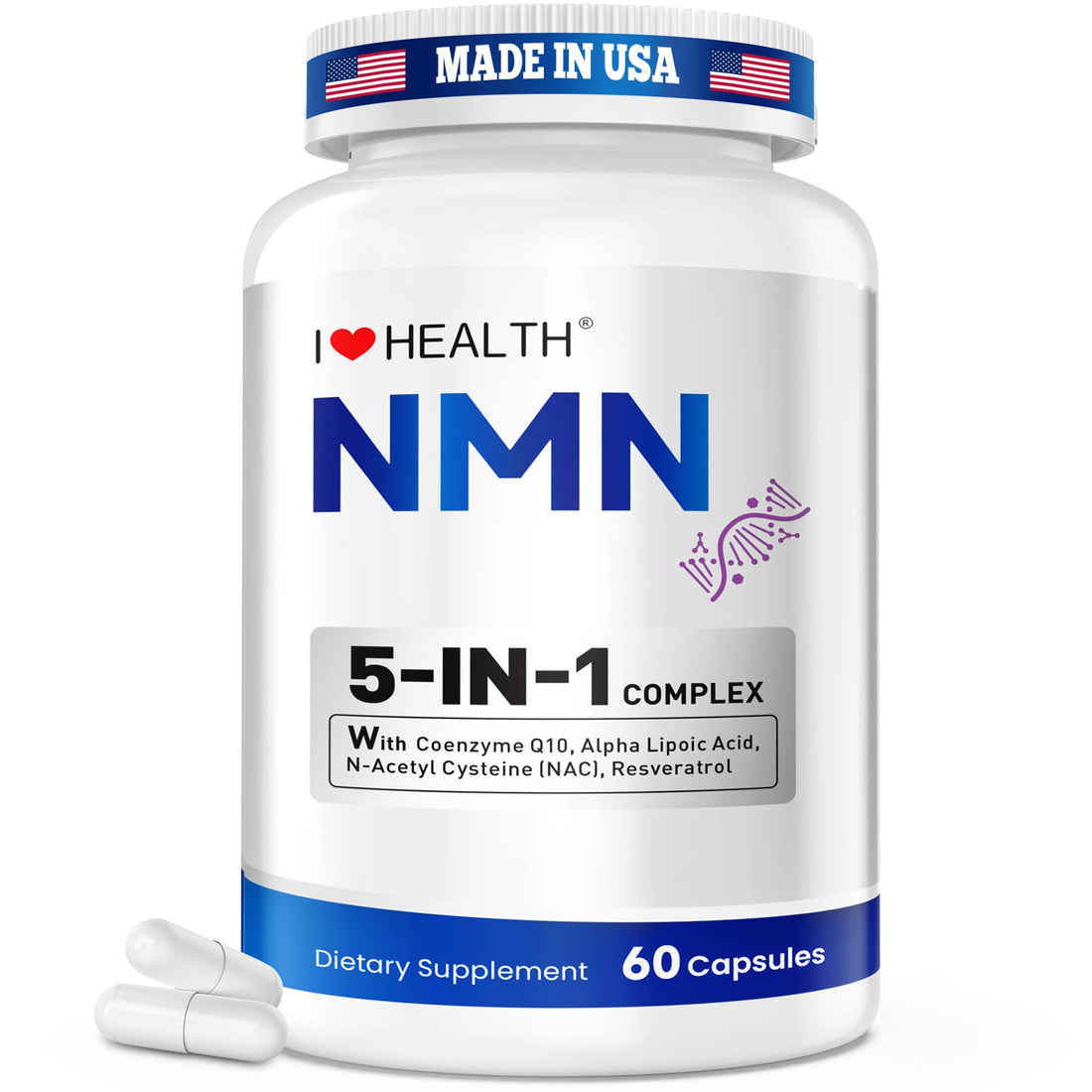 I LOVE HEALTH NMN Supplement, 5-in-1 Complex with NAC, Alpha Lipoic Acid, CoQ10 & Resveratrol - High Absorption Anti Aging Formula - Third Party Tested, cGMP, Gluten Free - 60 Capsules I LOVE HEALTH buy supplements canada