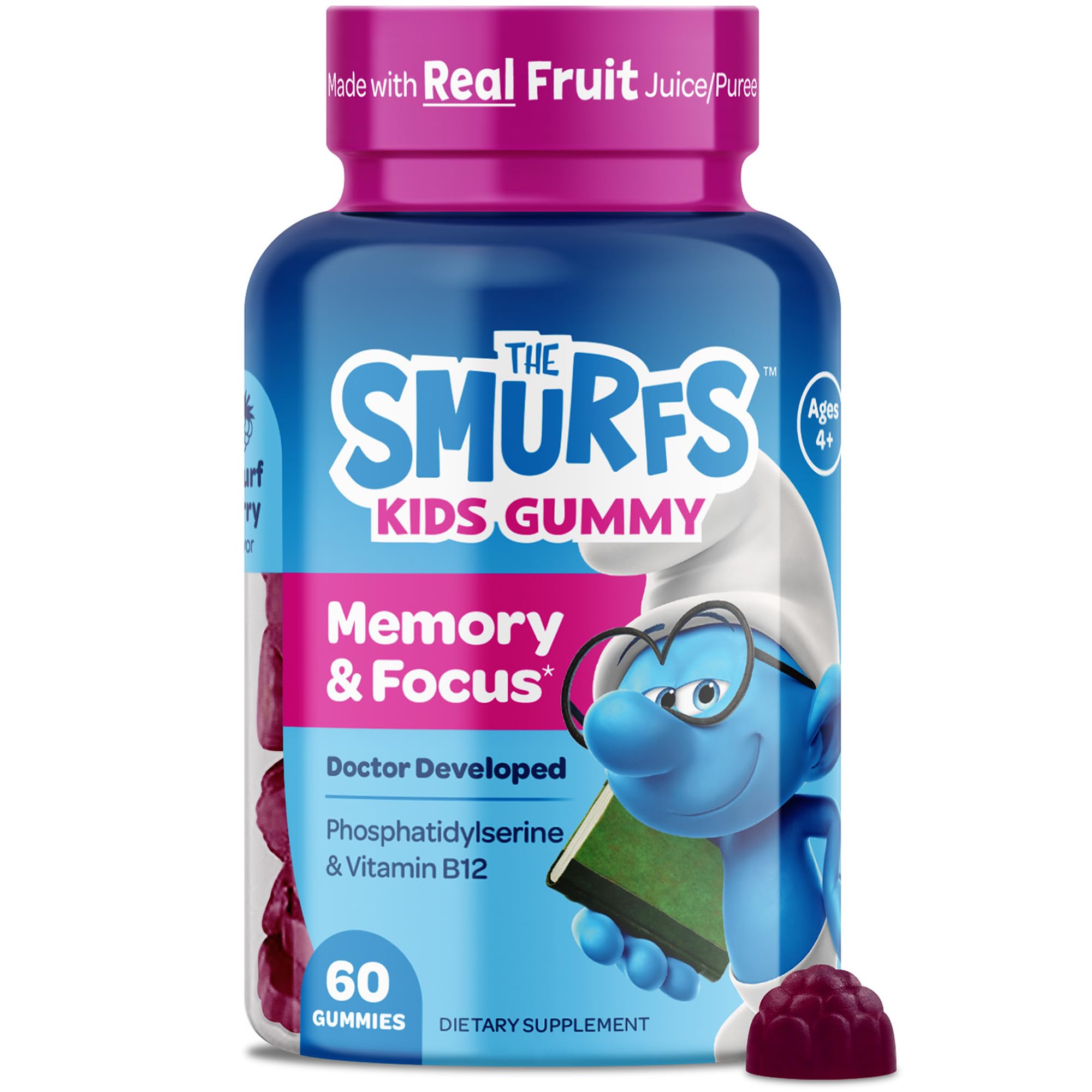 The Smurfs Nootropic Gummies for Kids with Vitamin B12 & L-Theanine | Laser Focus Gummy for Focus and Memory Supplements | Made with Real Fruit in a Smurf Berry | Doctor Developed | 60 Vegan Gummies VITABURST buy supplements canada
