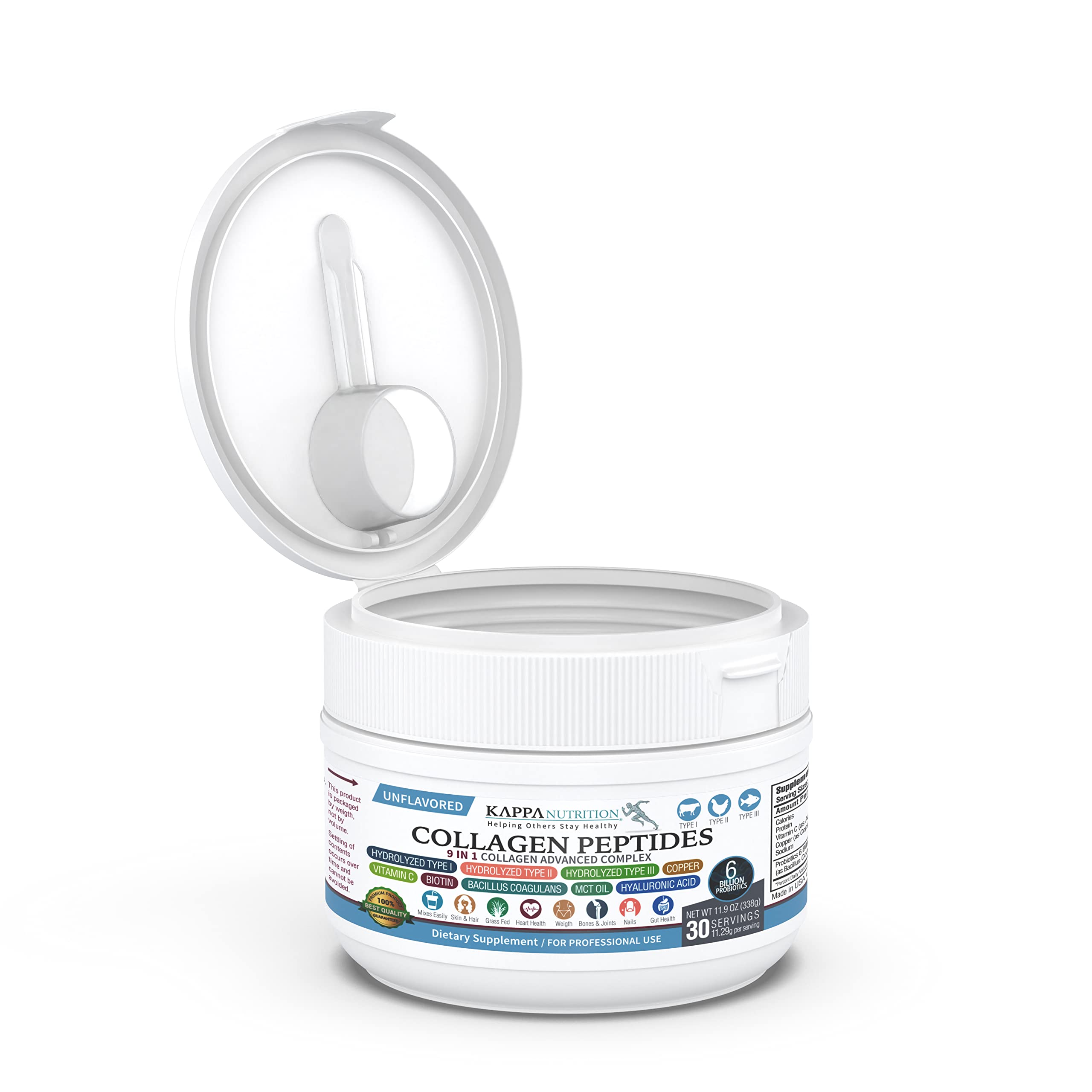 KAPPA NUTRITION Collagen Type I, II, III, 6 Billion Probiotic Acid Resistance, Hyaluronic Acid, Vitamin C, Biotin, Copper and MCT Oil, Beautiful Hair, Nails, & Skin, Collagen Peptides 9 in 1 (11.9oz) KAPPA NUTRITION buy supplements canada